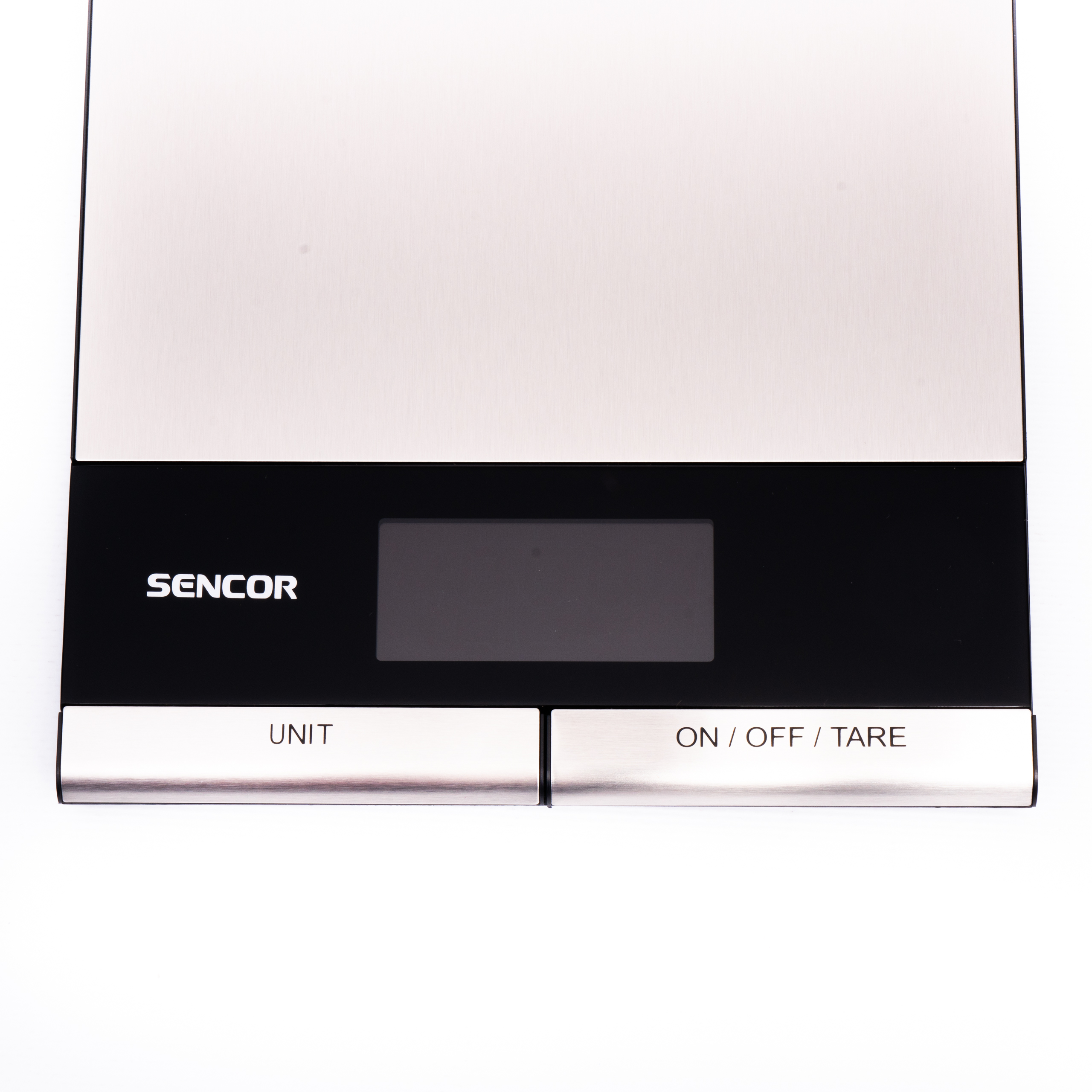Bilancia da cucina digitale Sencor con piattaforma in acciaio inossidabile e due pulsanti.