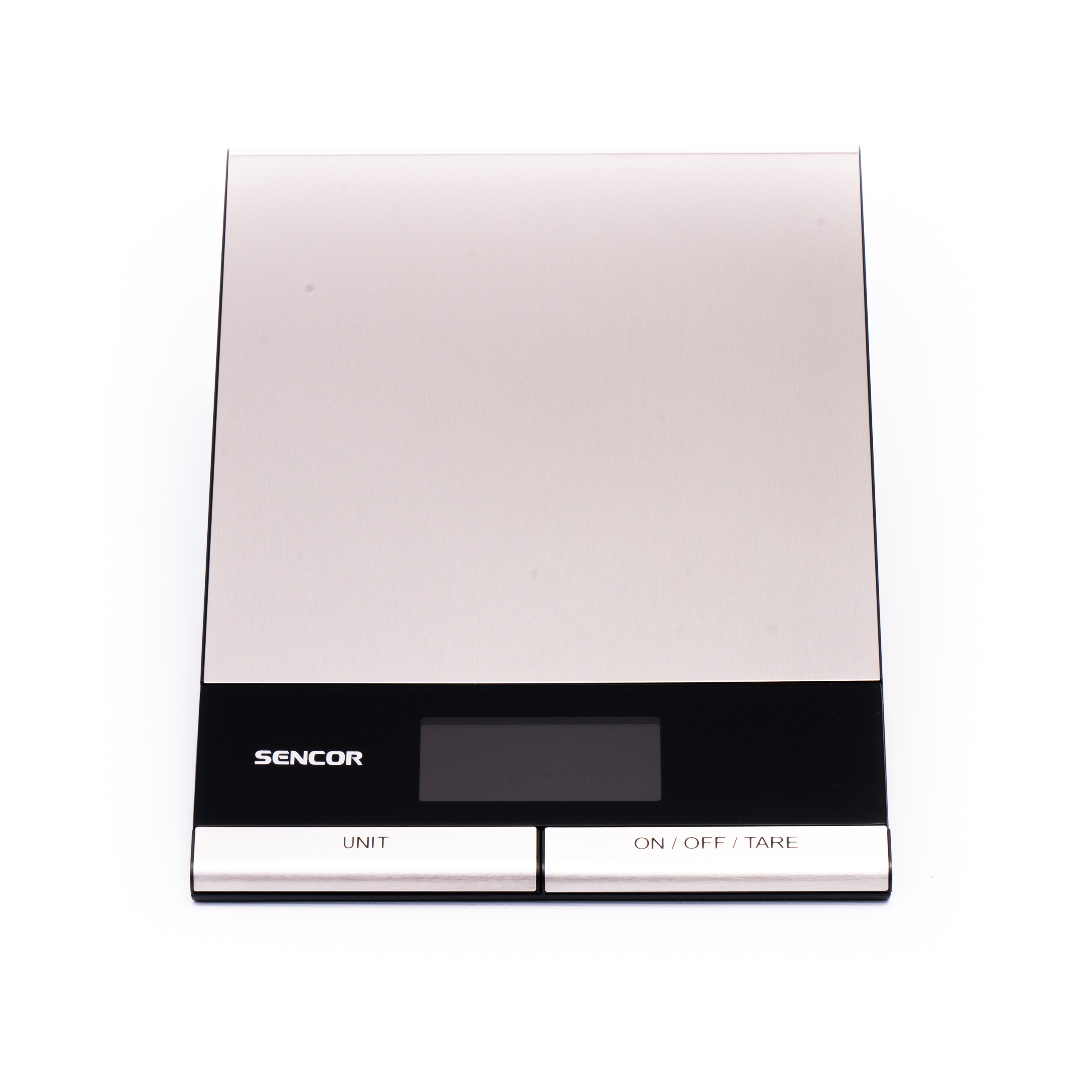 Bilancia da cucina digitale Sencor in acciaio inossidabile con display nero e due pulsanti.
