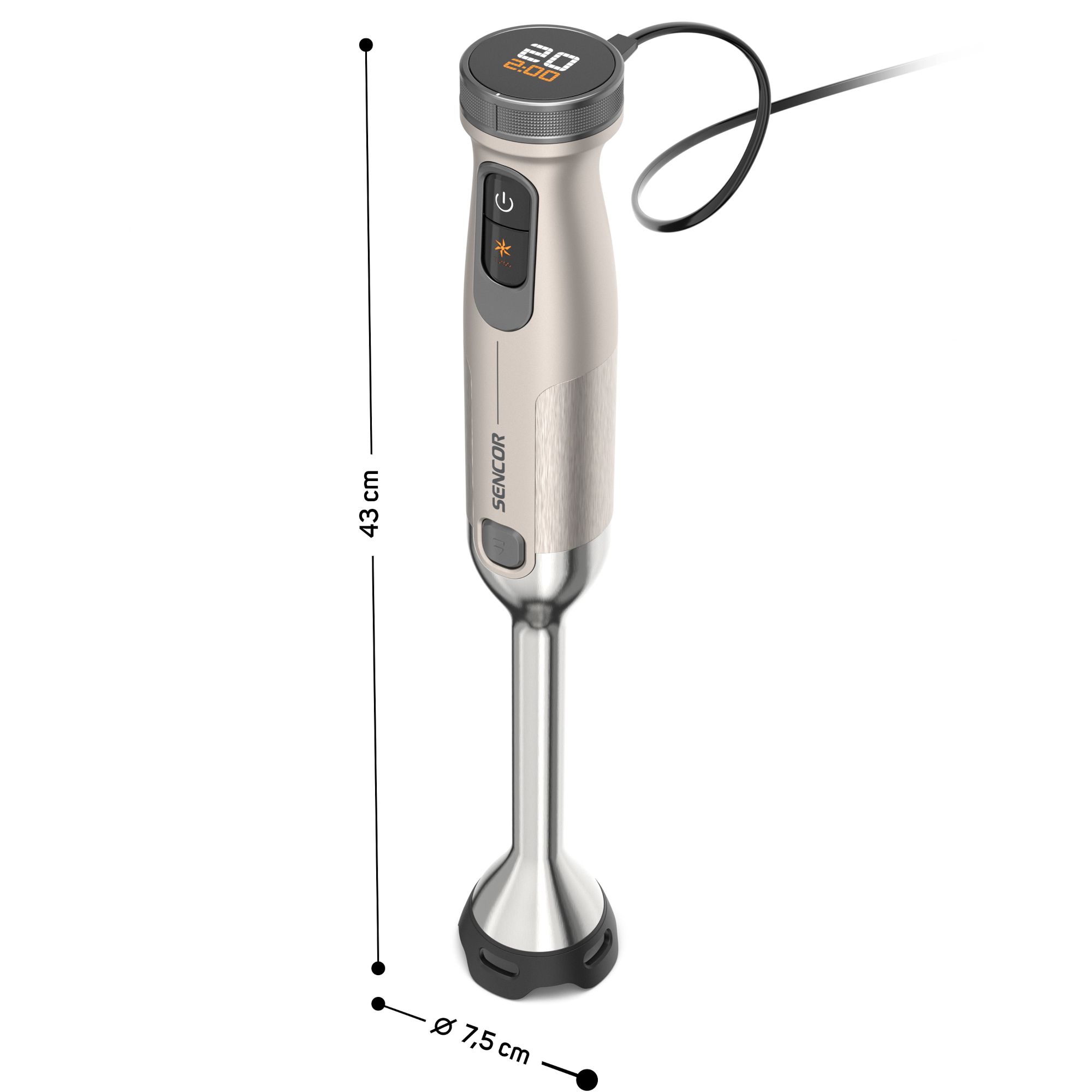 Srebrny blender ręczny Sencor z cyfrowym wyświetlaczem, czarnym przewodem oraz wymiarami 43 cm wysokości i 7,5 cm średnicy.