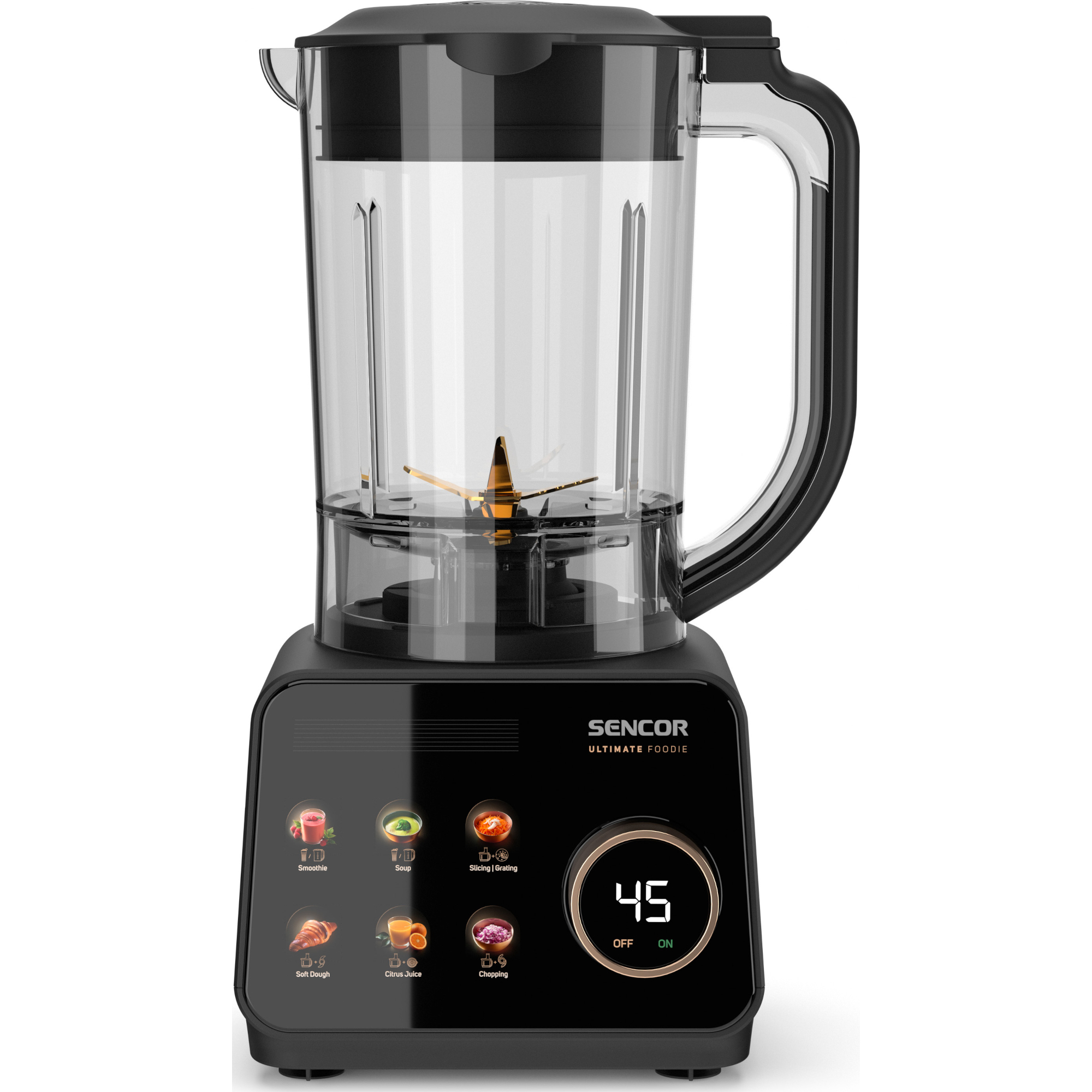 Czarny blender Sencor Ultimate Foodie z cyfrowym wyświetlaczem, dotykowymi przyciskami trybów i przezroczystym dzbankiem na białym tle.