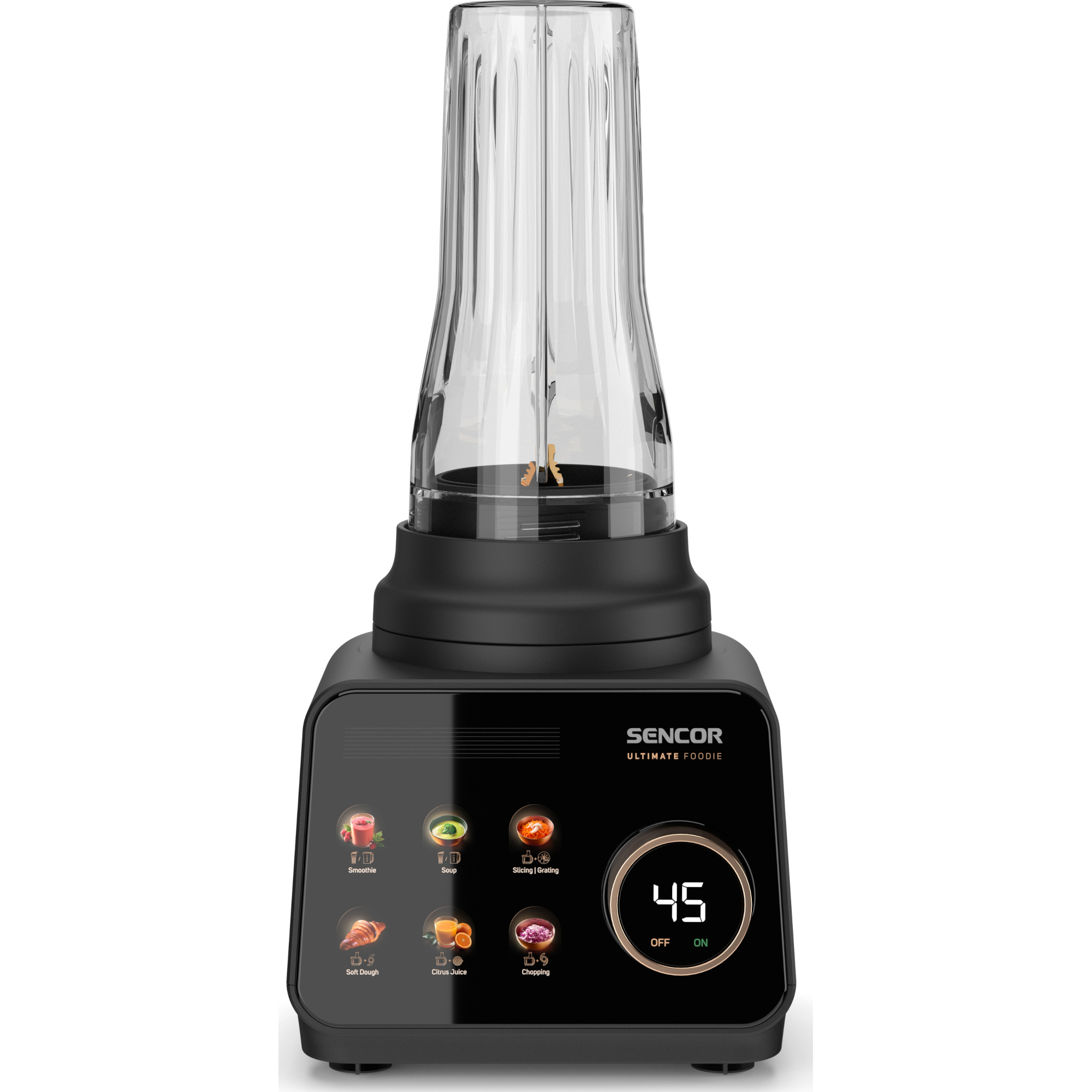 Czarny blender Sencor Ultimate Foodie z przezroczystym szklanym dzbankiem i cyfrowym wyświetlaczem.