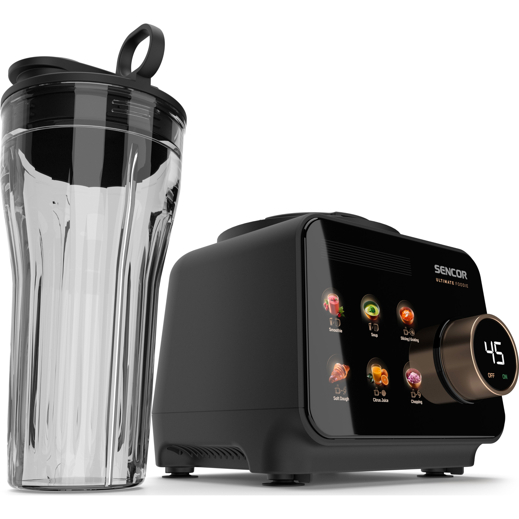Czarny blender Sencor Ultimate Foodie z cyfrowym panelem sterowania i dużym, przezroczystym kubkiem.