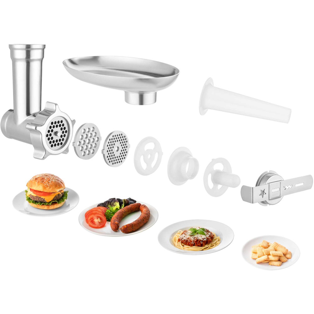 Maszynka do mięsa z nasadkami, tacką i potrawami, takimi jak burger, kiełbasa, spaghetti i ciasteczka na białym tle.