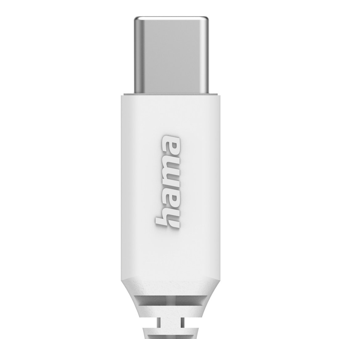 Białe złącze USB-C marki Hama ze srebrną wtyczką na białym tle.