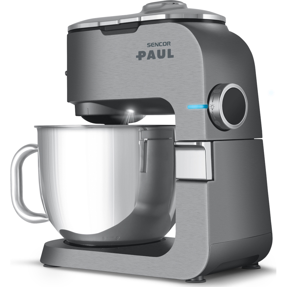 Nowoczesny szary robot kuchenny Sencor Paul z dużą misą ze stali nierdzewnej na białym tle.