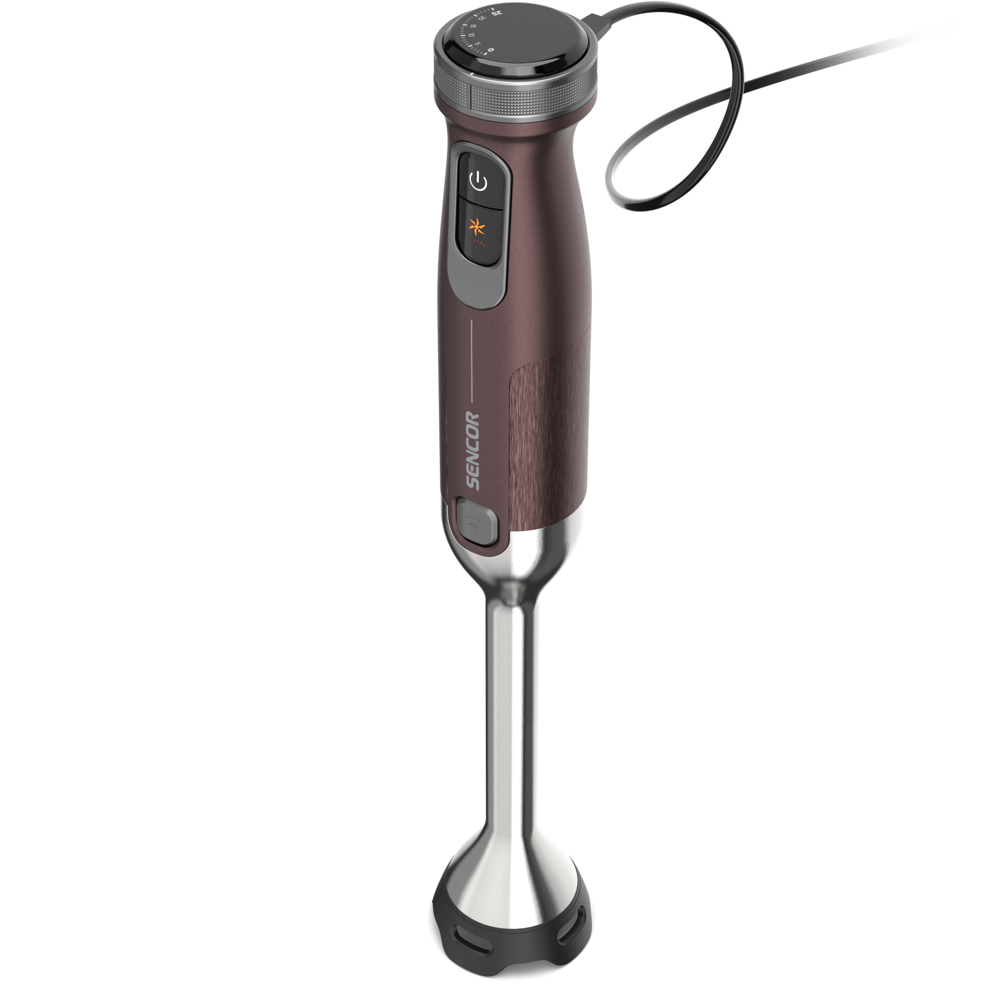 Brązowy blender ręczny Sencor z pokrętłem prędkości, przewodem i srebrną końcówką ze stali nierdzewnej na białym tle.