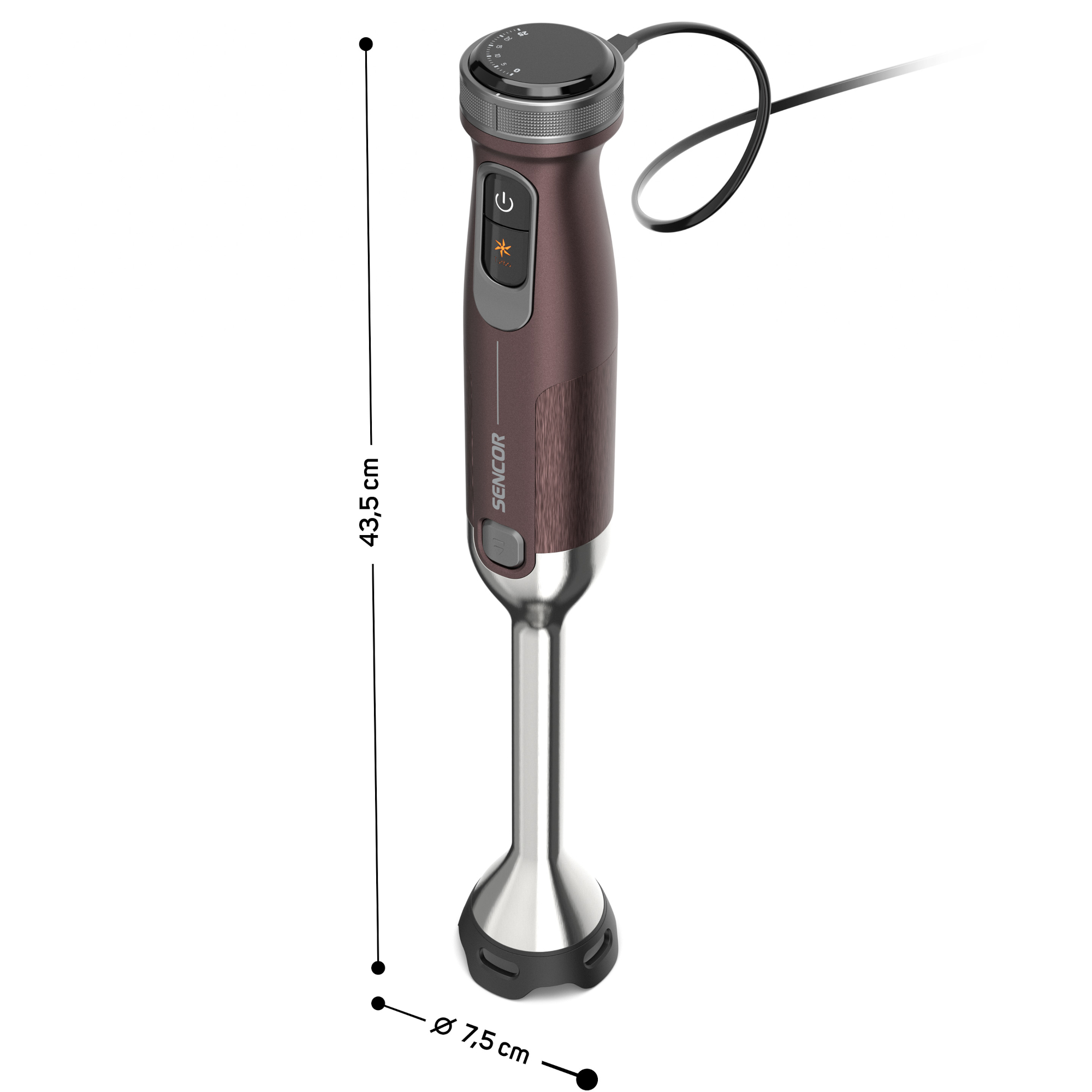 Brązowo-srebrny blender ręczny Sencor z kablem, o wymiarach 43,5 cm wysokości i 7,5 cm średnicy.