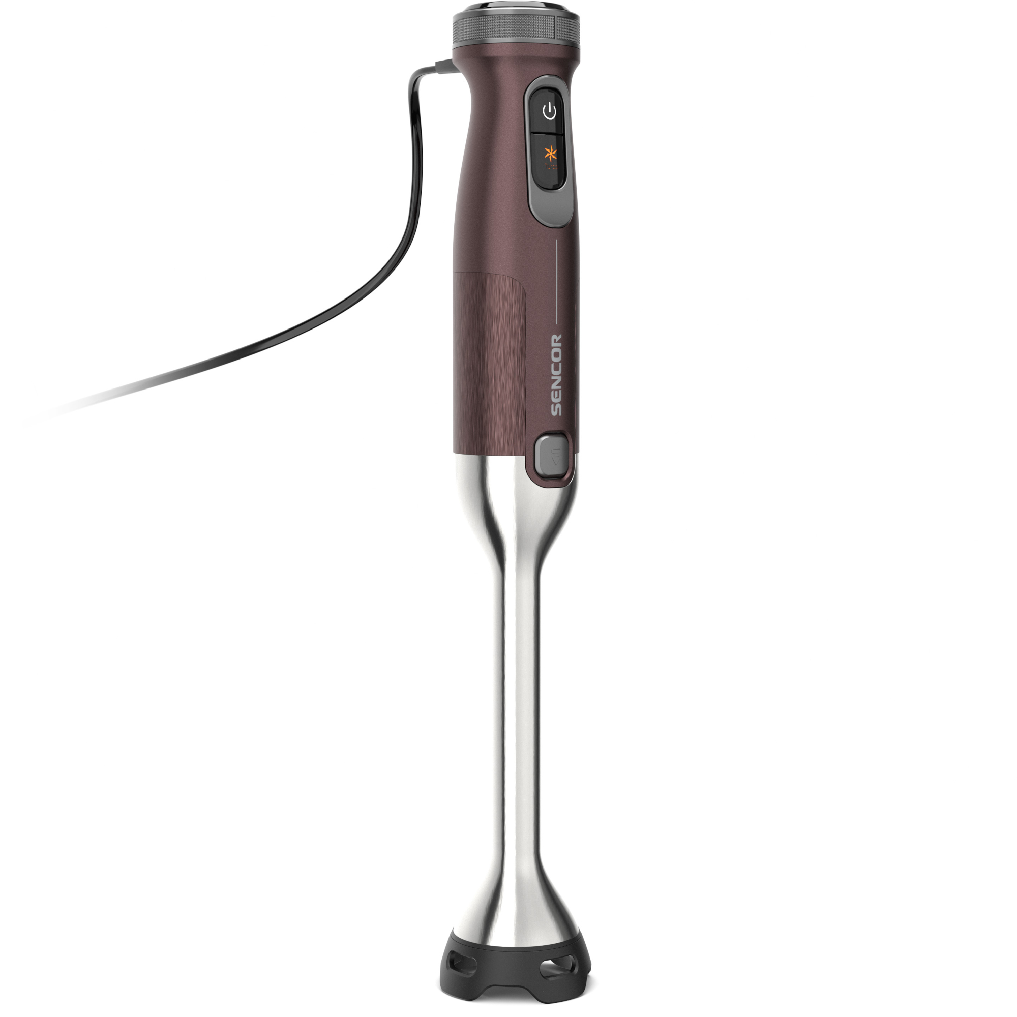Brązowy blender ręczny ze stali nierdzewnej z czarnym przewodem na białym tle.