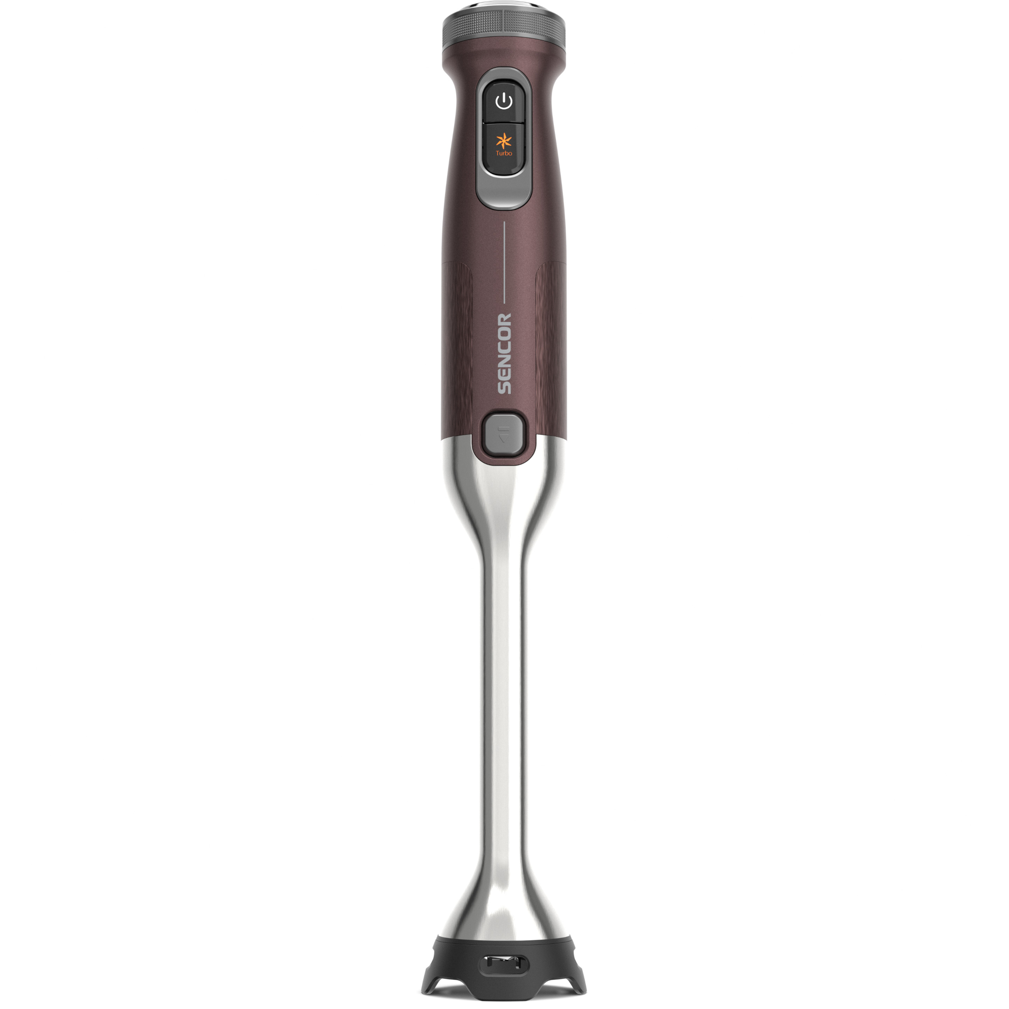 Bordowo-srebrny blender ręczny Sencor z przyciskami zasilania i turbo na białym tle.