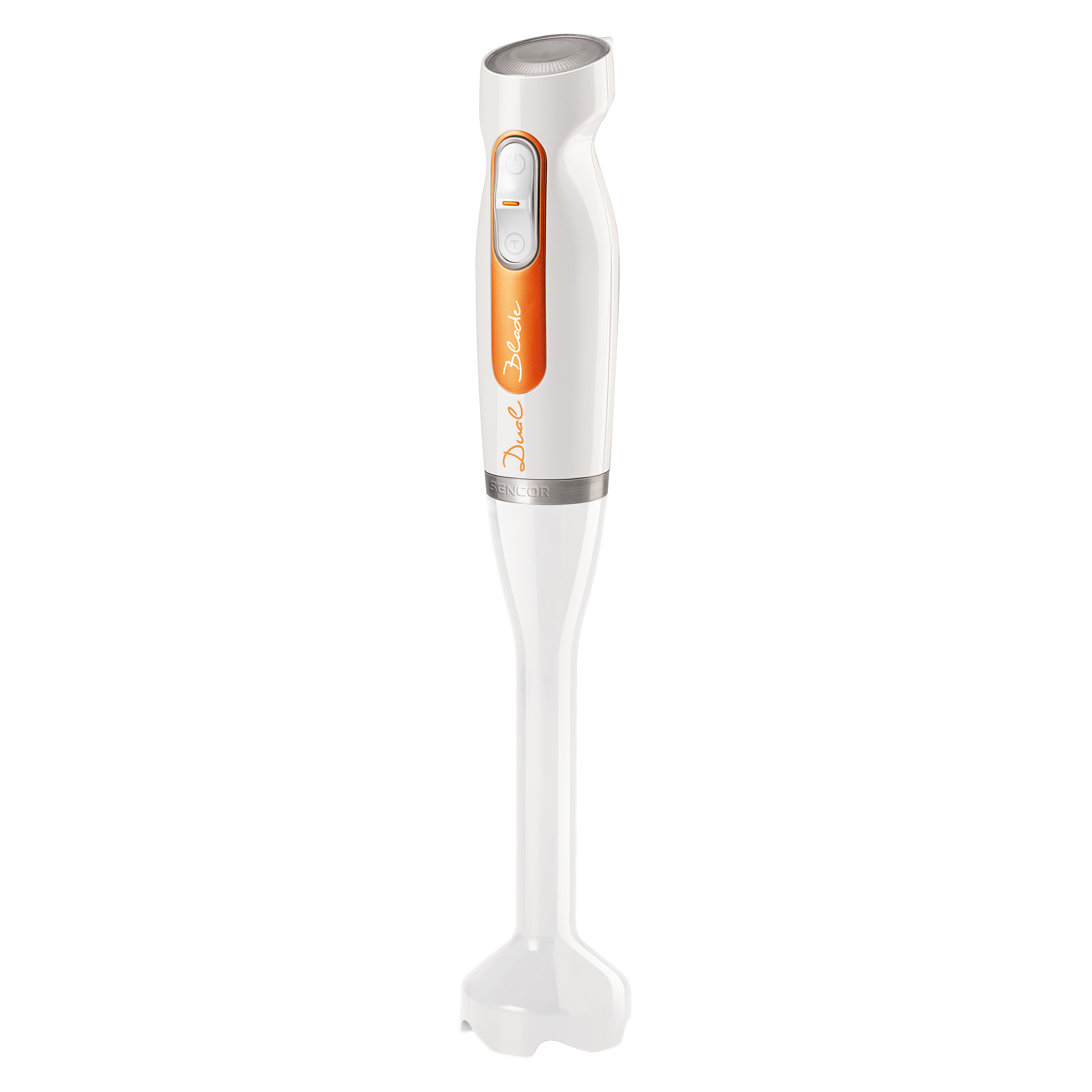 Biało-pomarańczowy blender ręczny z długą końcówką i ergonomicznym uchwytem na białym tle.
