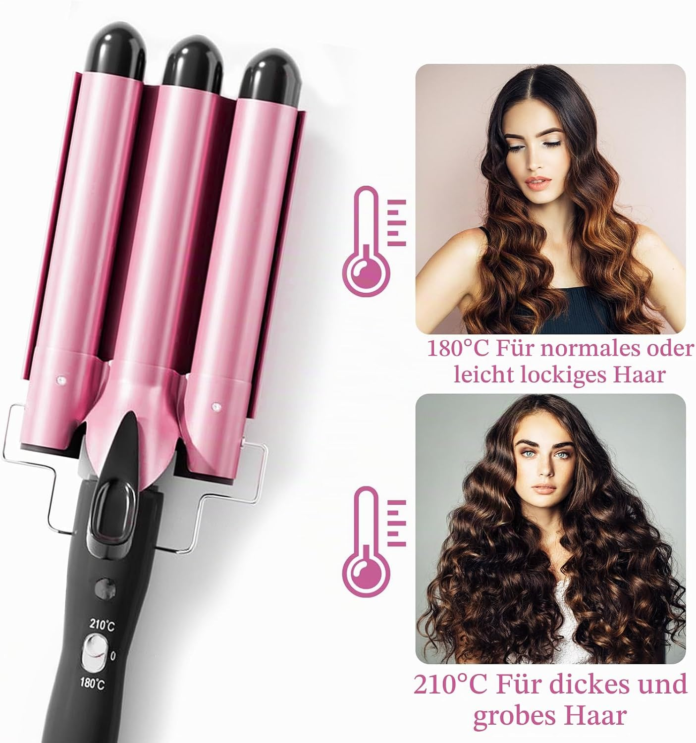Rosa Lockenstab mit drei Walzen und Beispielen für verschiedene Haartypen bei 180°C und 210°C.