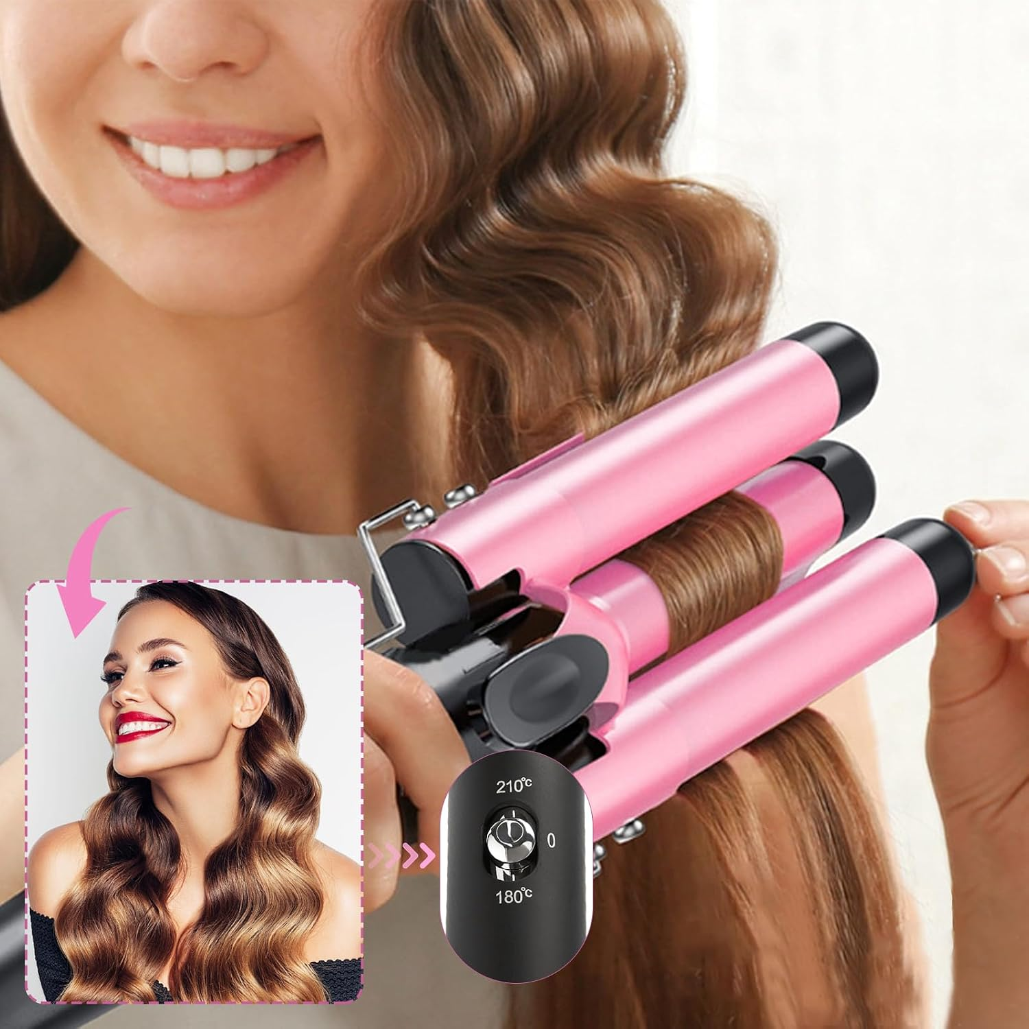 Eine Frau verwendet einen rosa Lockenstab, um Wellen ins Haar zu machen, mit Inset der fertigen Frisur.
