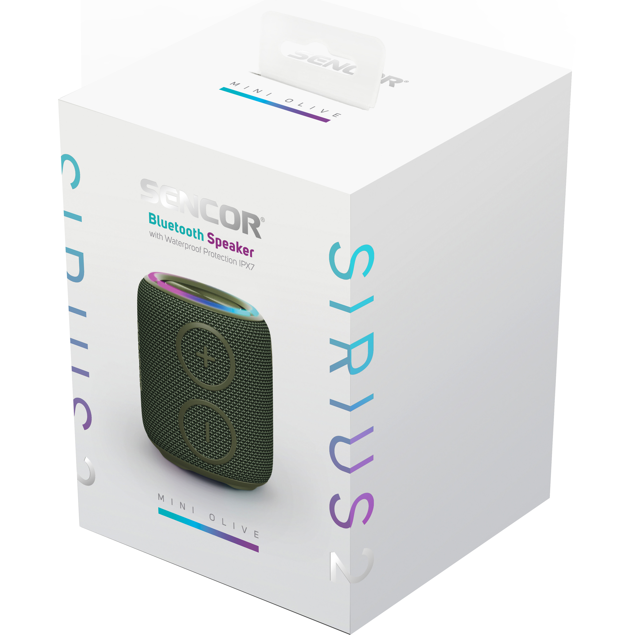 Białe pudełko głośnika Bluetooth Sencor Sirius Mini Olive z wizerunkiem urządzenia.