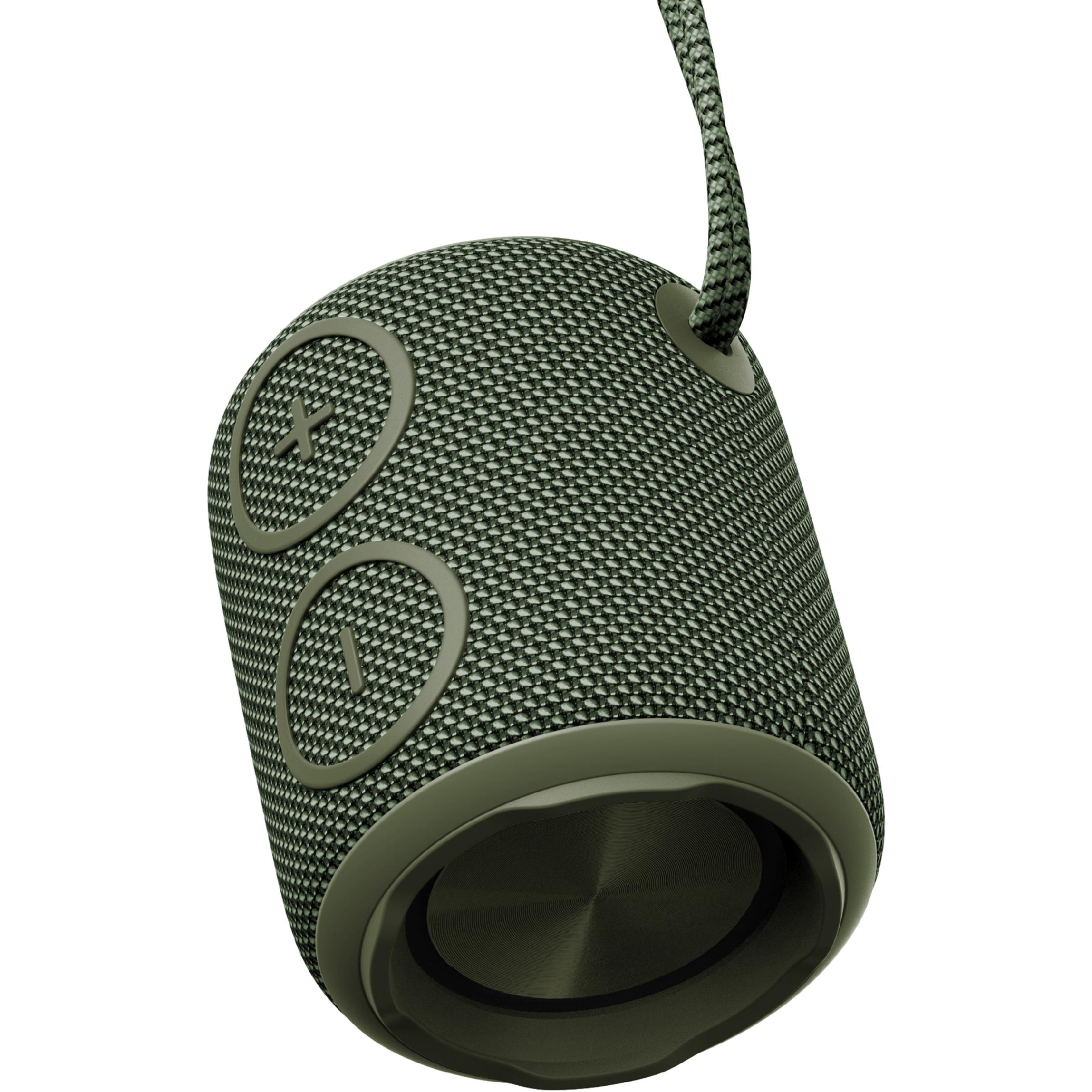 Oliwkowozielony, cylindryczny głośnik Bluetooth ze sznurkiem do noszenia oraz dużymi przyciskami plus i minus.