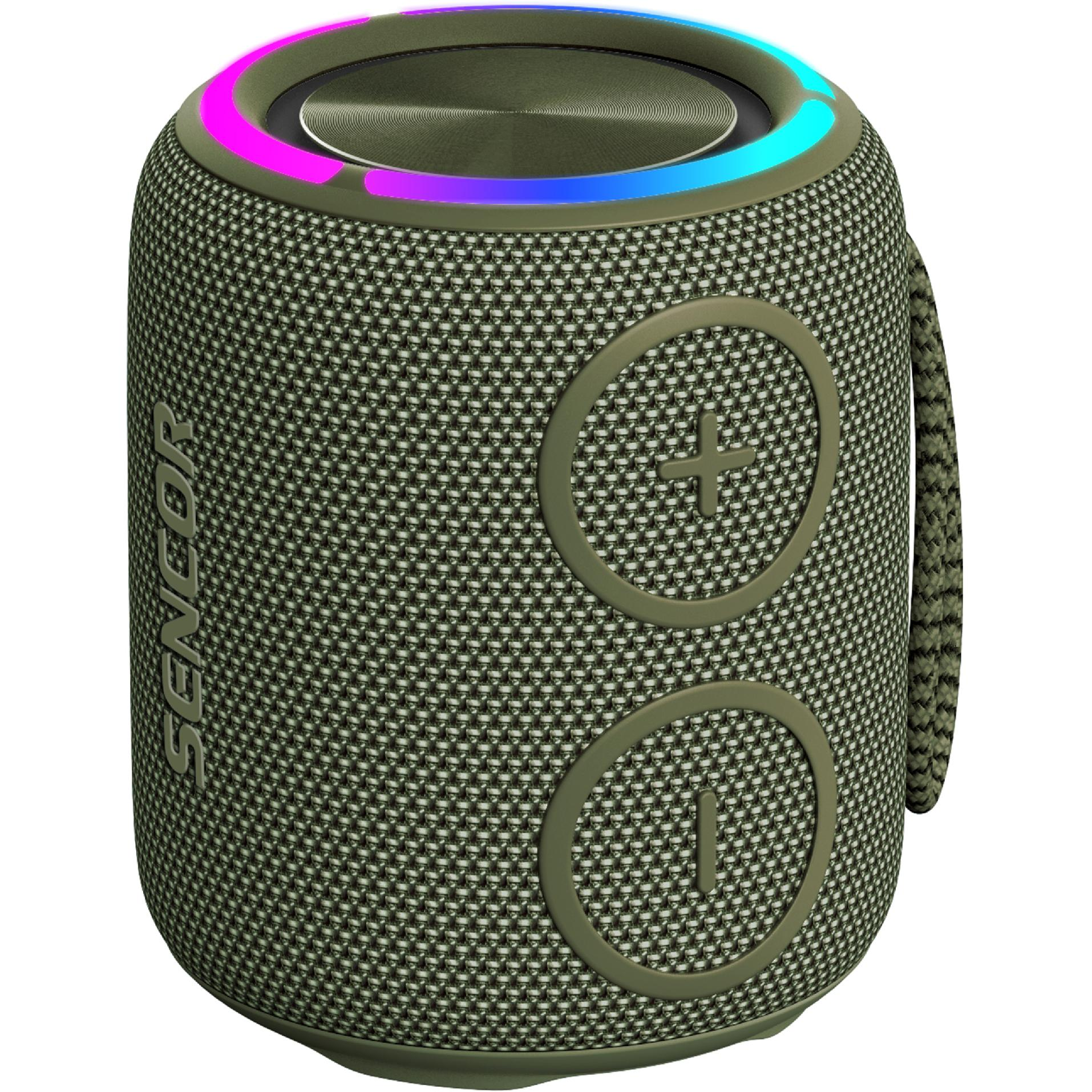 Oliwkowy głośnik Bluetooth w tkaninie, z kolorowymi diodami LED i dużymi przyciskami.