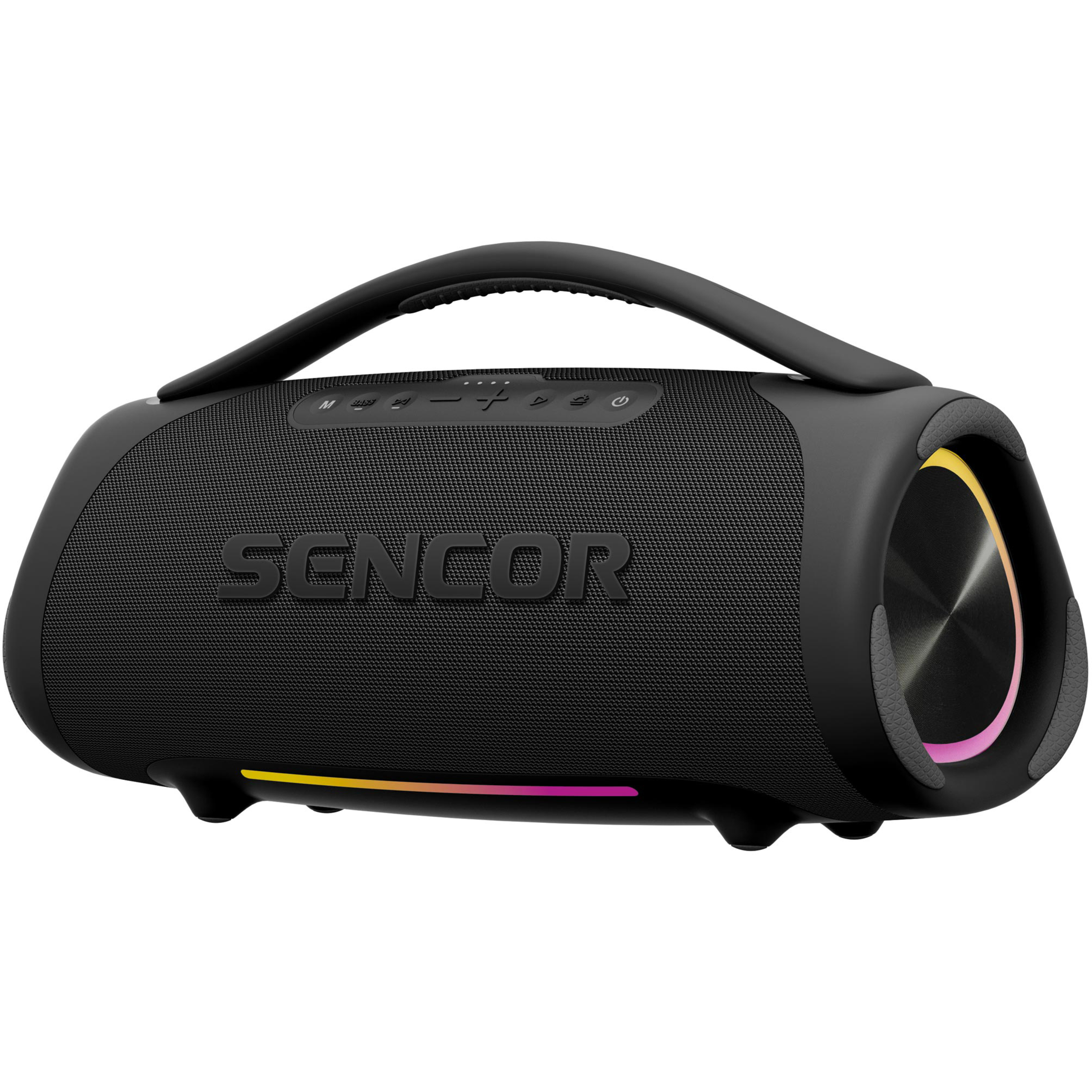 Czarny głośnik bluetooth Sencor z uchwytem i kolorowym oświetleniem LED na białym tle.