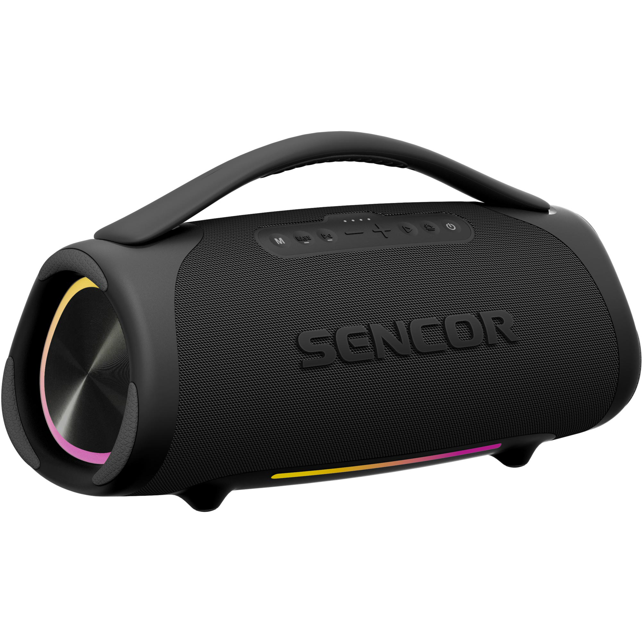 Czarny przenośny głośnik Bluetooth Sencor z rączką, siatkową obudową i świecącym oświetleniem RGB na końcach.