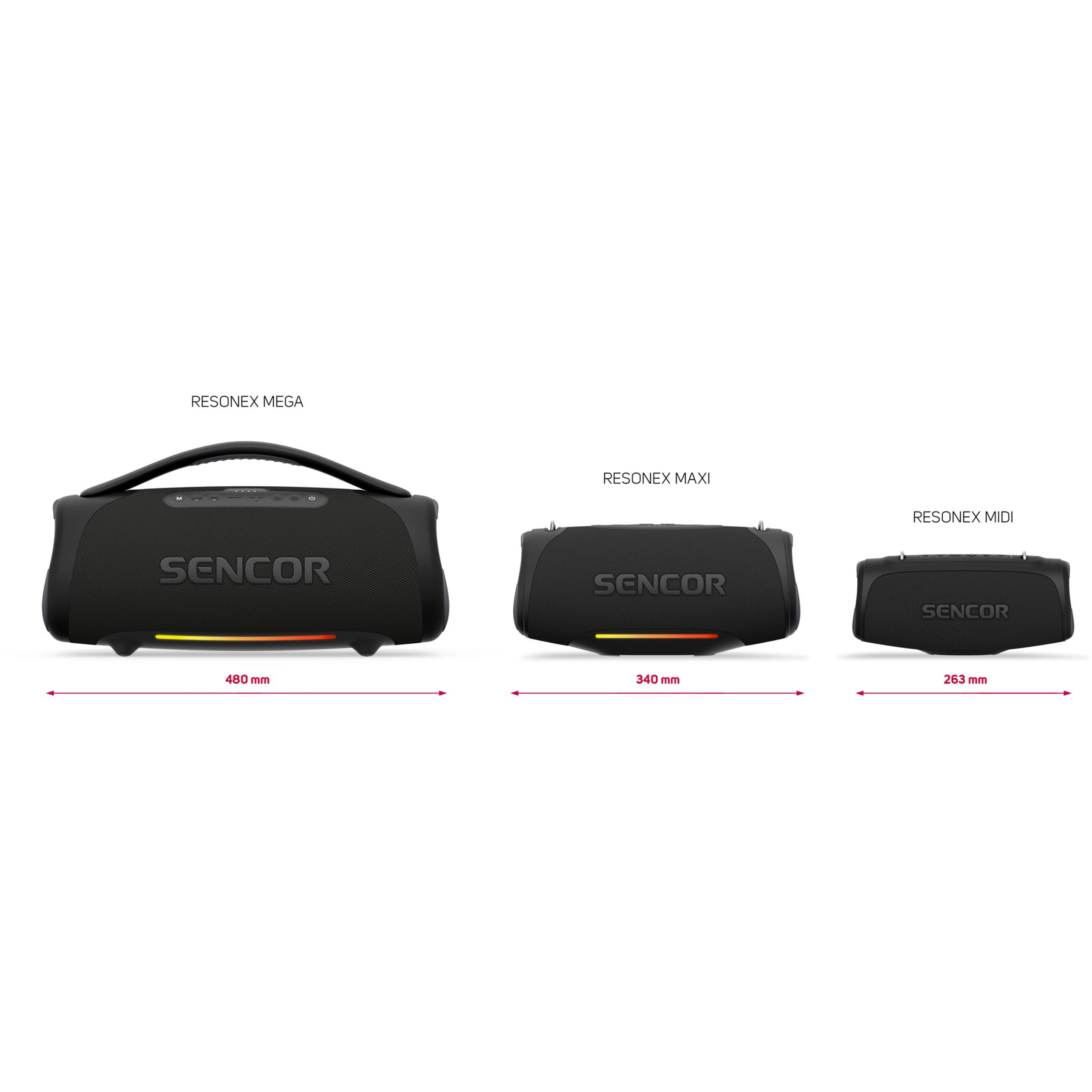 Trzy głośniki Sencor Resonex (Mega, Maxi, Midi) o wymiarach 480 mm, 340 mm i 263 mm.