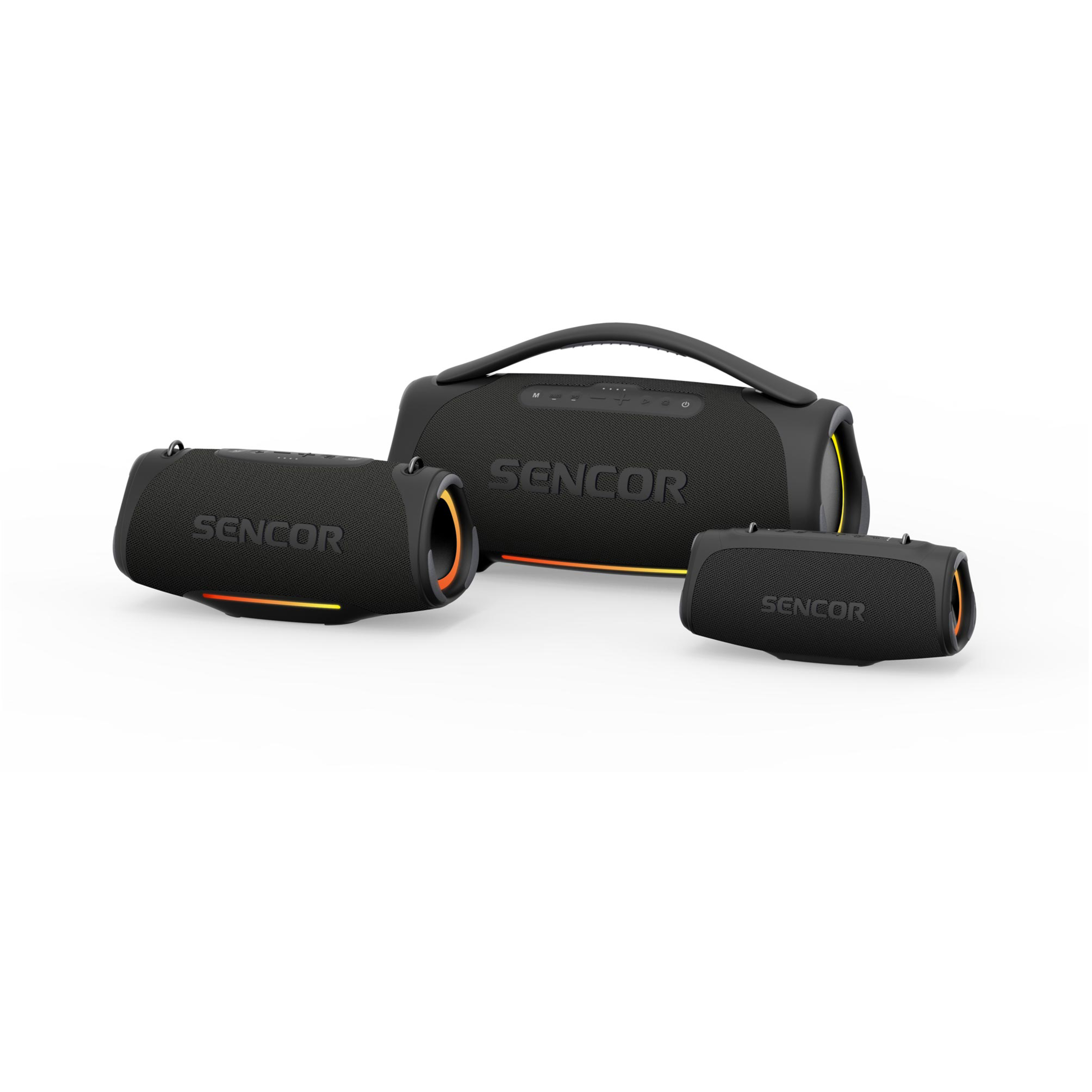 Trzy czarne głośniki bluetooth Sencor w różnych rozmiarach z podświetleniem na białym tle.