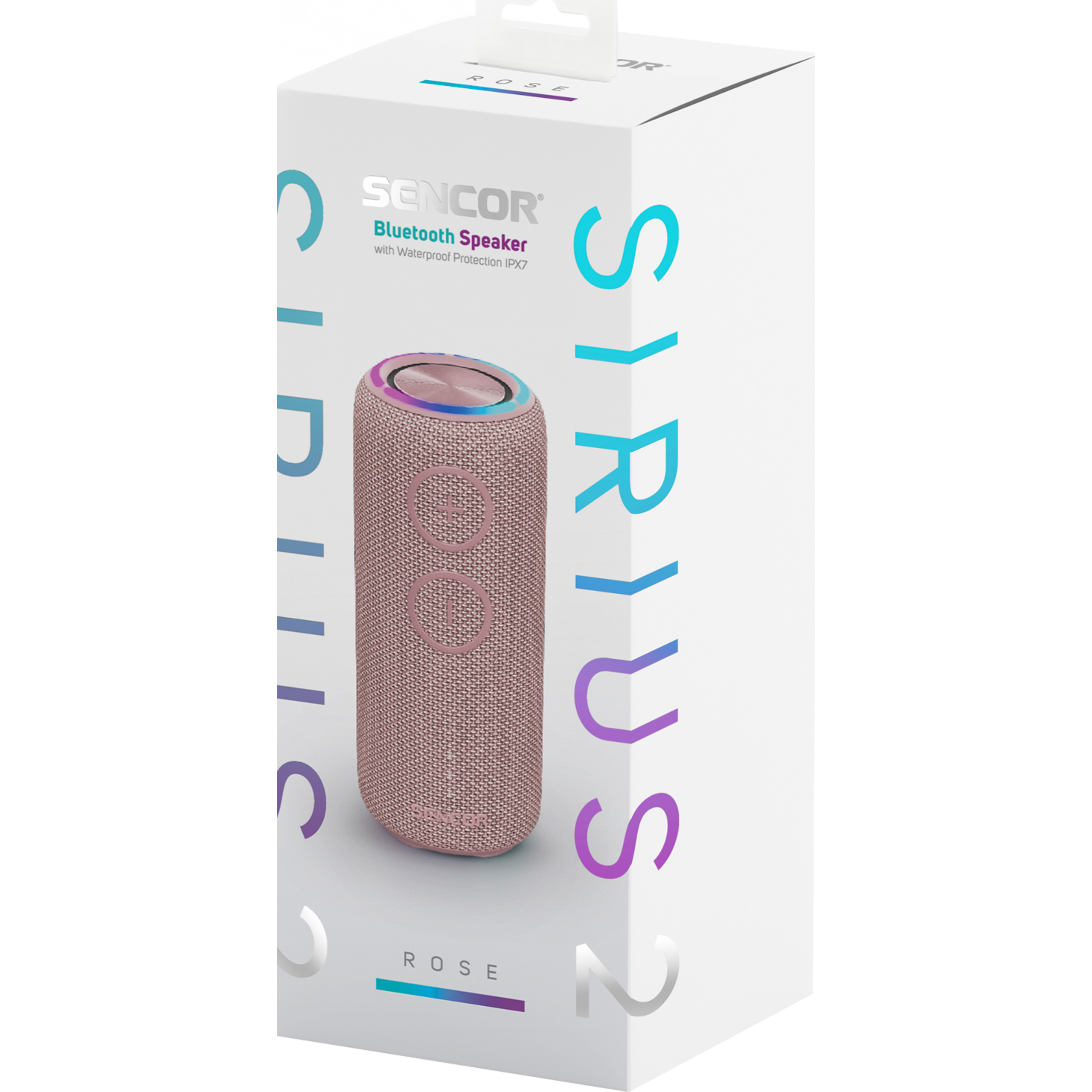 Różowy głośnik Bluetooth Sencor w białym opakowaniu.