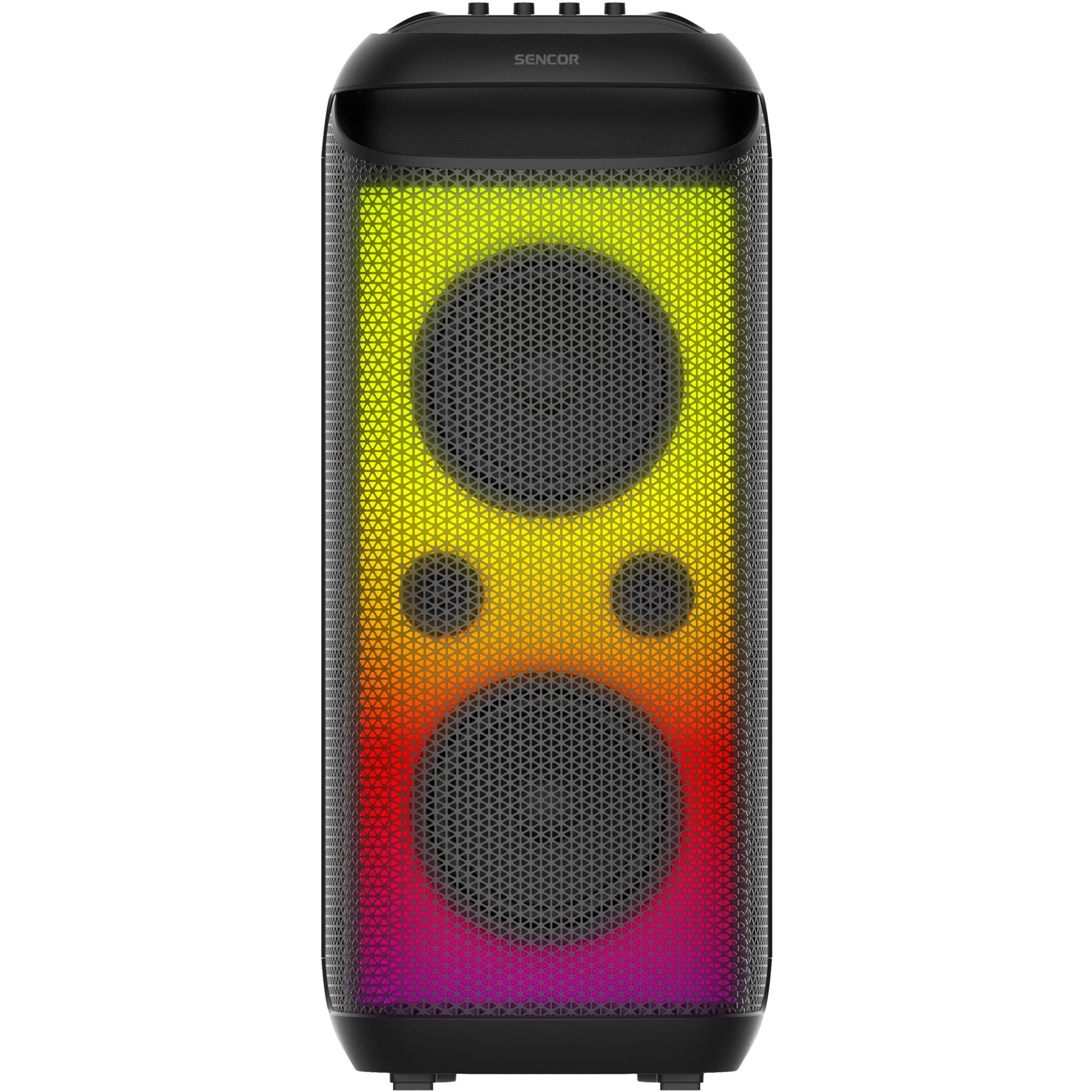 Czarny głośnik imprezowy Sencor z wielokolorowymi światłami LED RGB i dużymi przetwornikami z przodu.