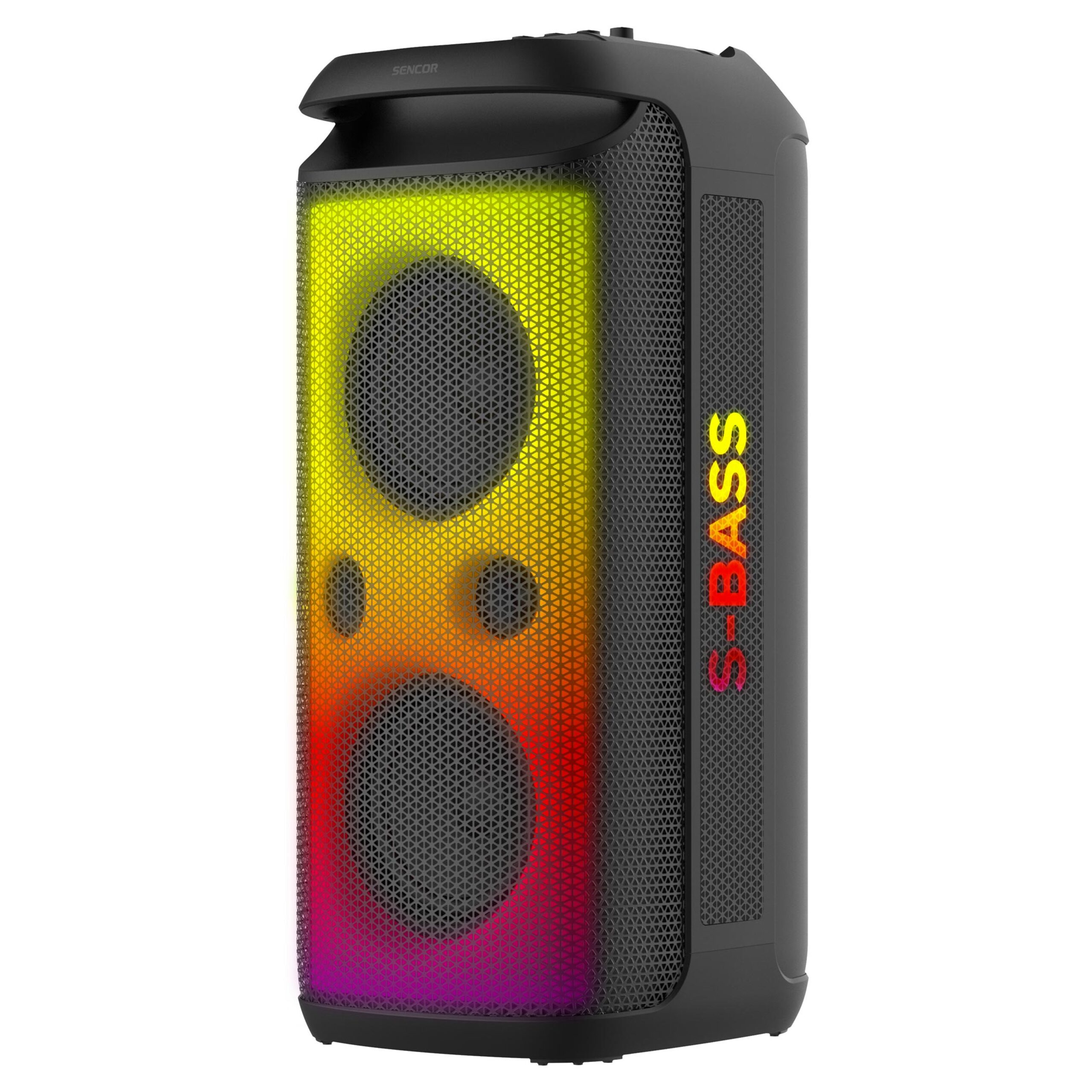 Czarny przenośny głośnik imprezowy z wielokolorowym oświetleniem RGB i logo S-Bass.