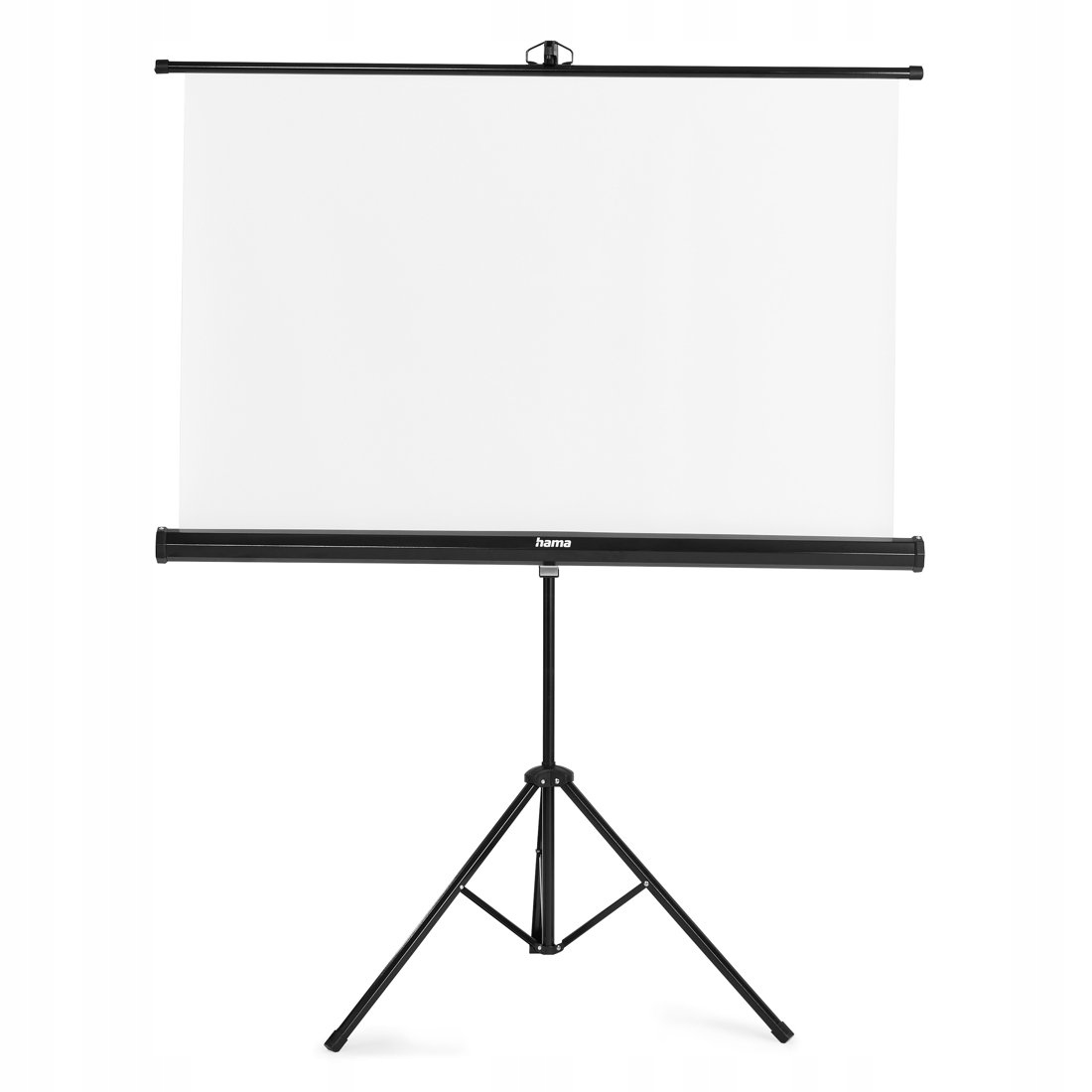 Una pantalla de proyección blanca con marco negro sobre un soporte de trípode negro plegable.