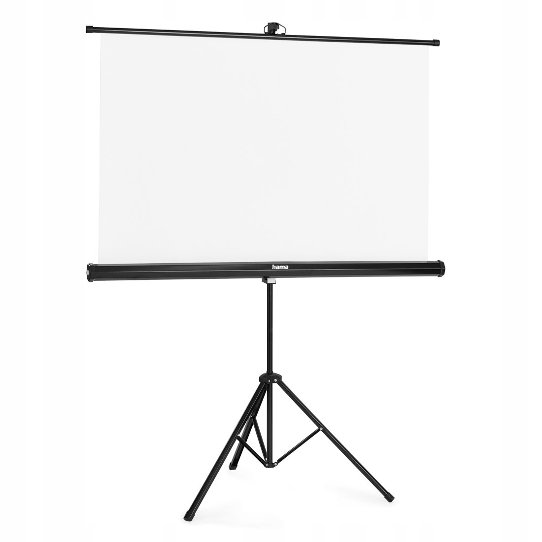 Una pantalla de proyector blanca y vacía en un trípode negro sobre fondo blanco.