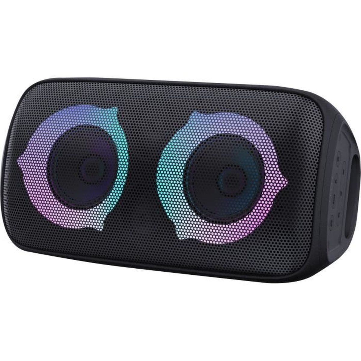 Czarny bezprzewodowy glosnik bluetooth z dwoma okraglymi glosnikami otoczonymi niebieskimi i fioletowymi diodami LED.
