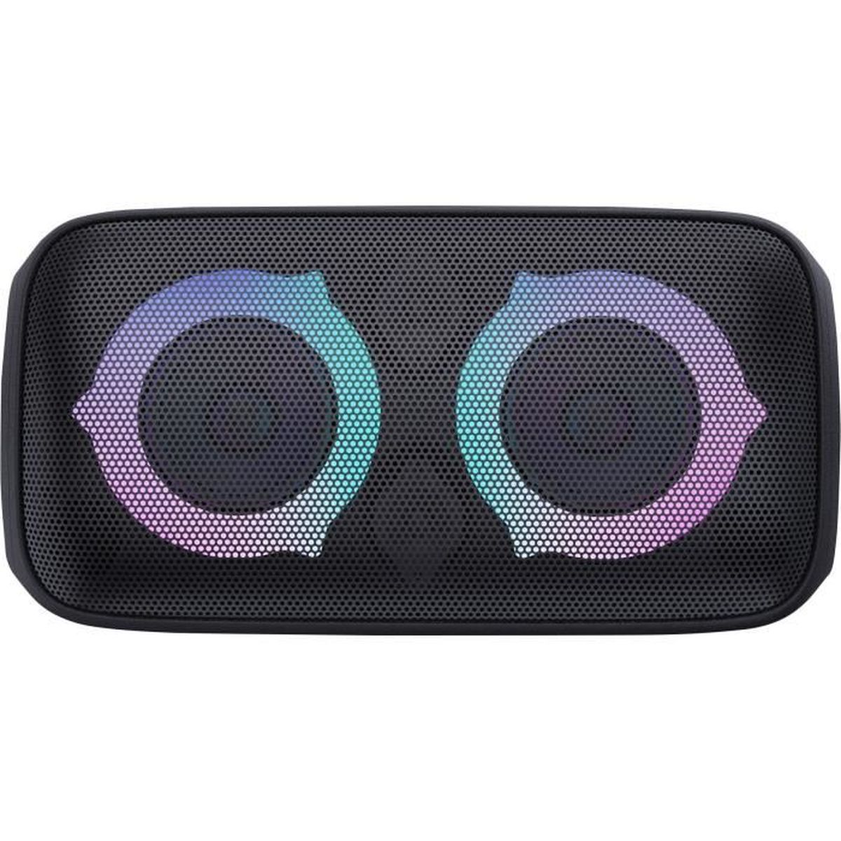 Czarny przenośny głośnik bluetooth z dwoma okrągłymi, świecącymi pierścieniami LED w kolorze cyjanu i fioletu na przedniej kratce.