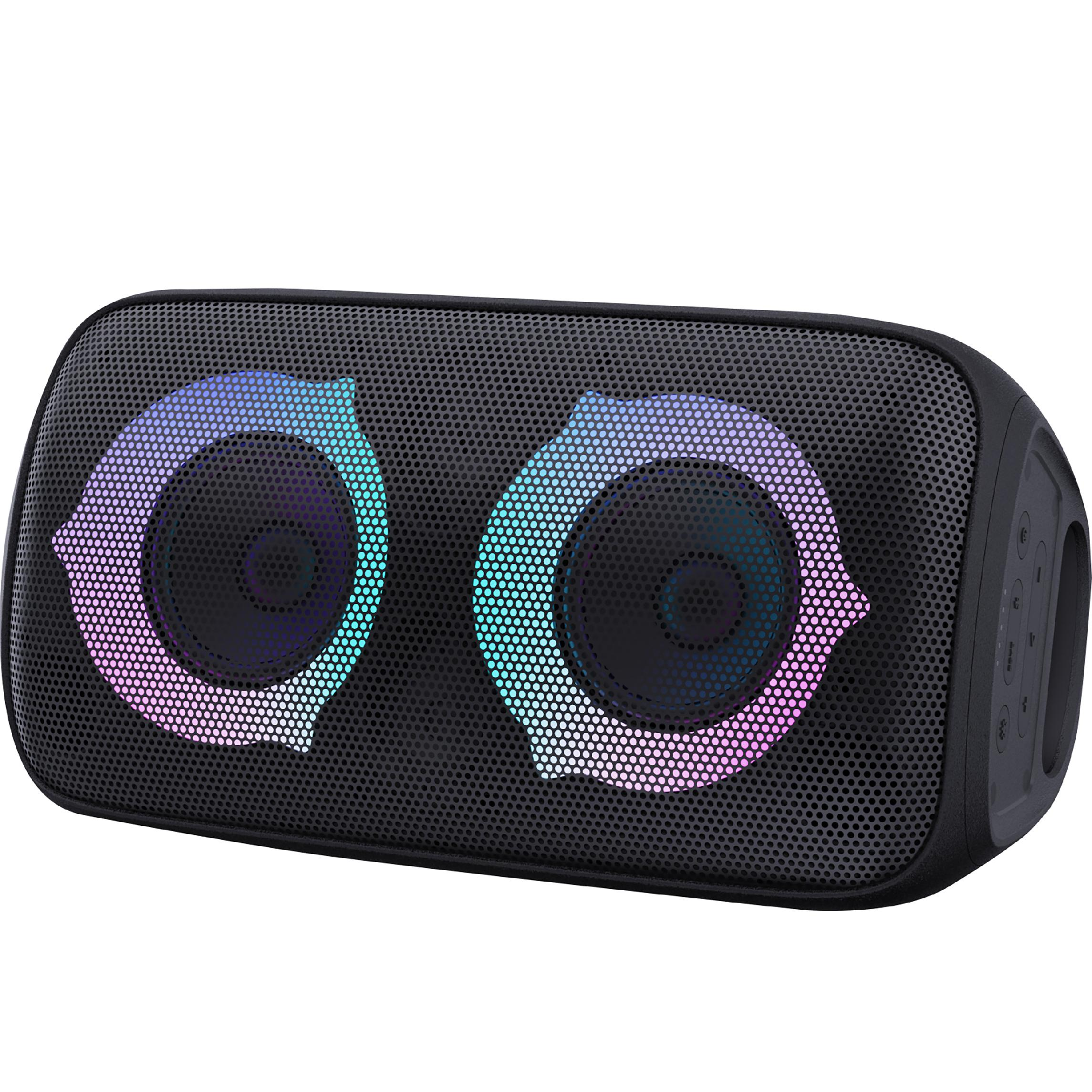 Czarny, zaokrąglony głośnik Bluetooth z dwoma dużymi, świecącymi na niebiesko i różowo pierścieniami wokół membran.