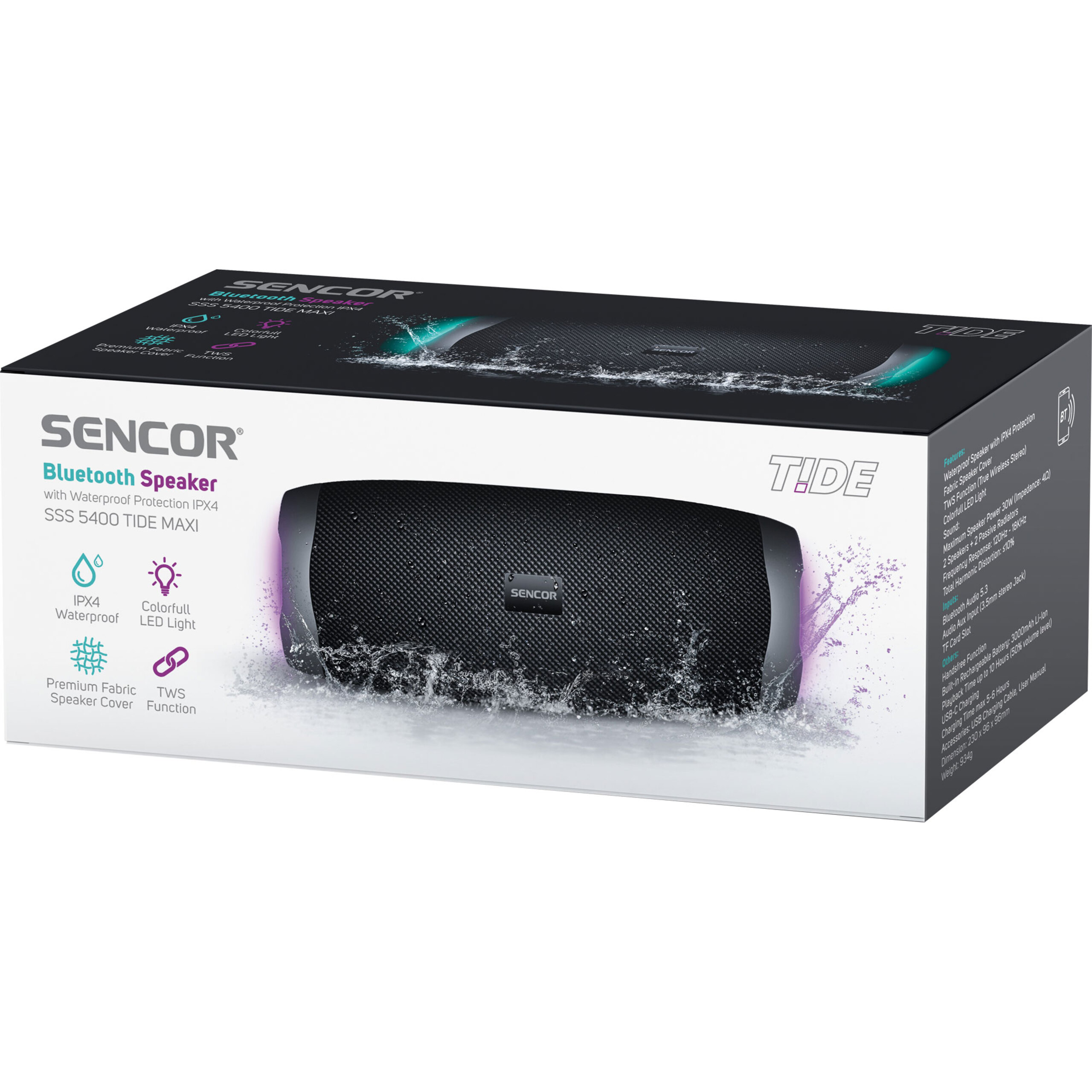 Opakowanie głośnika Bluetooth Sencor SSS 5400 TIDE MAXI z rozbryzgami wody na białym tle.