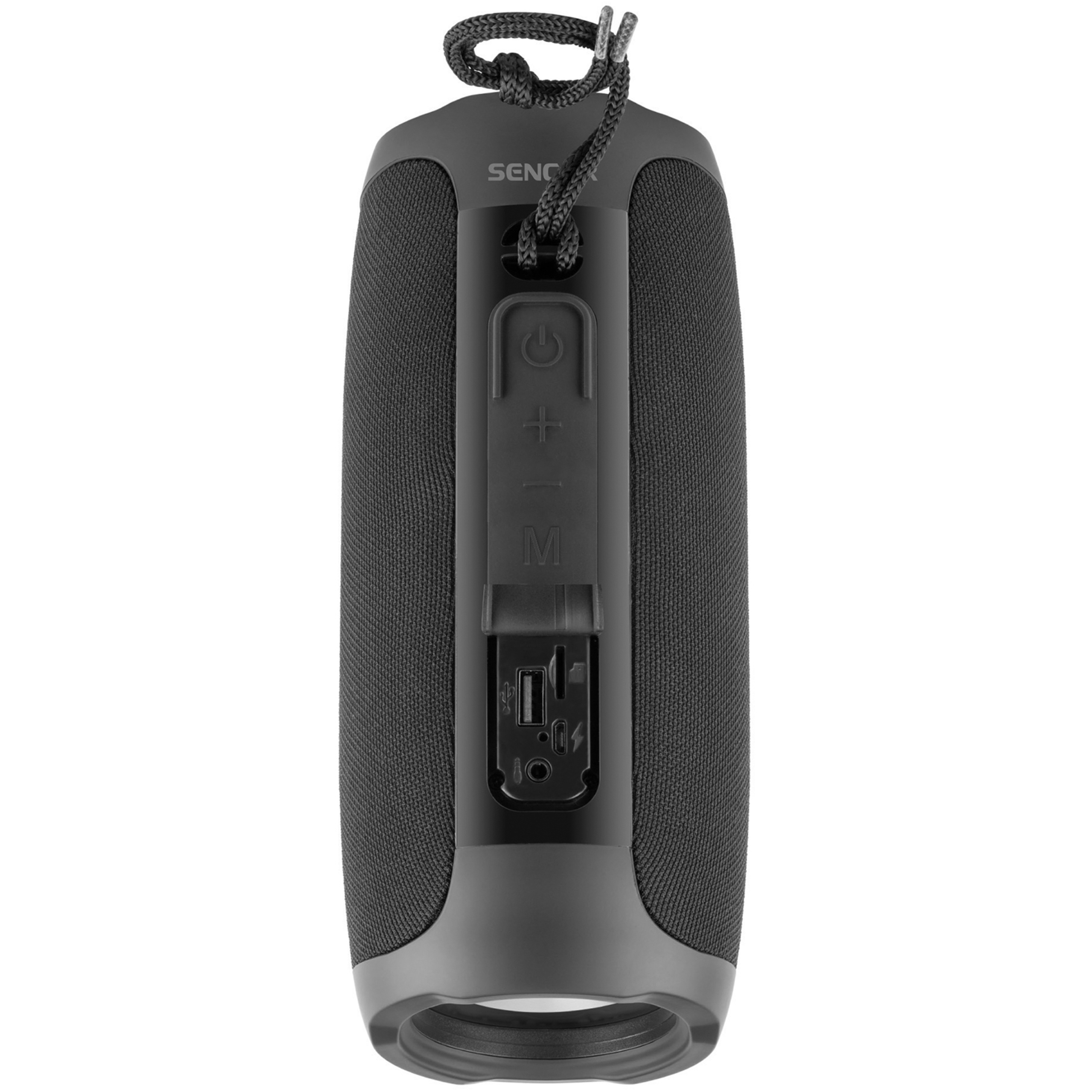 Czarny przenośny głośnik Bluetooth ze sznurkiem, przyciskami i portami.