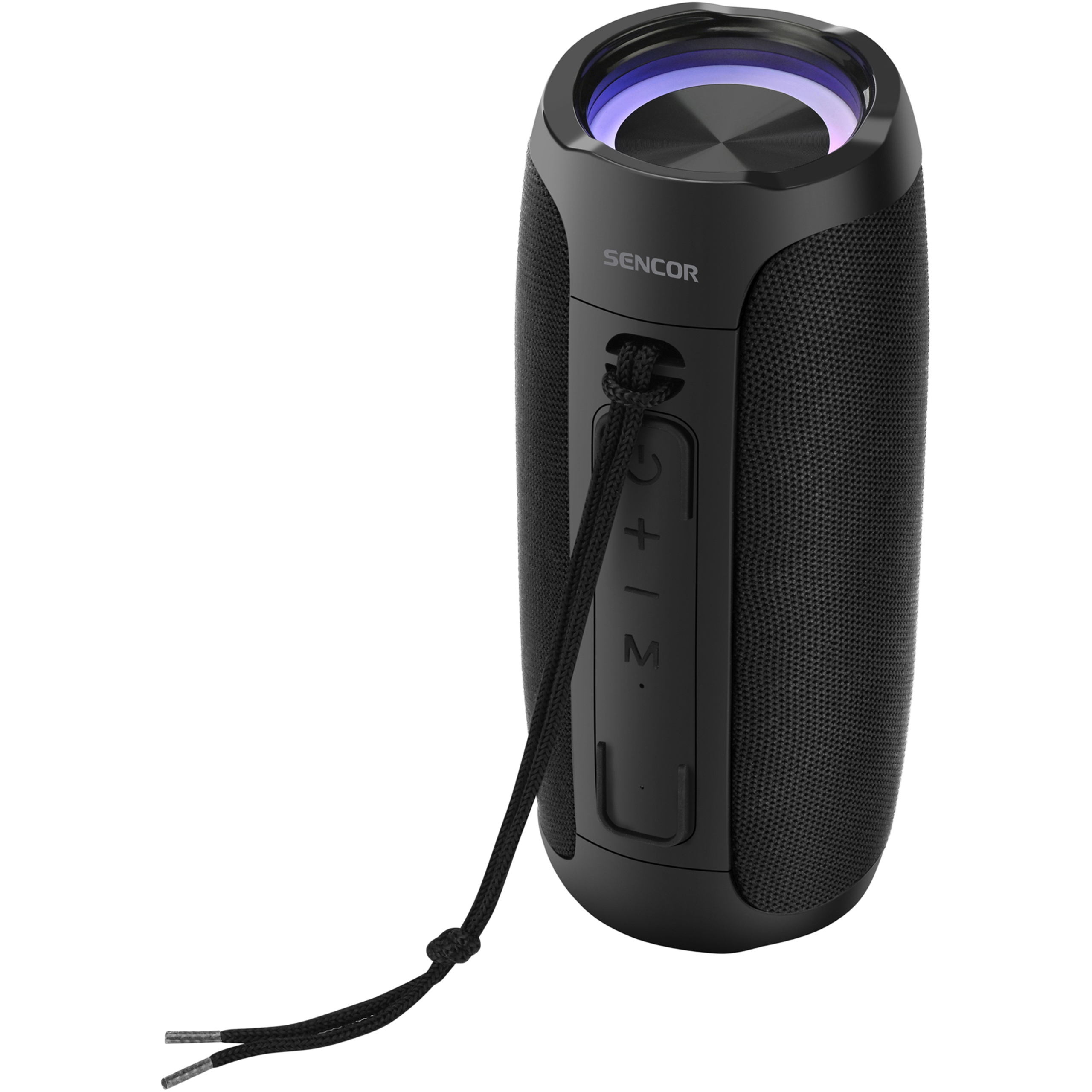 Cylindryczny czarny głośnik Bluetooth Sencor z przyciskami sterującymi, paskiem i niebieskim podświetleniem.