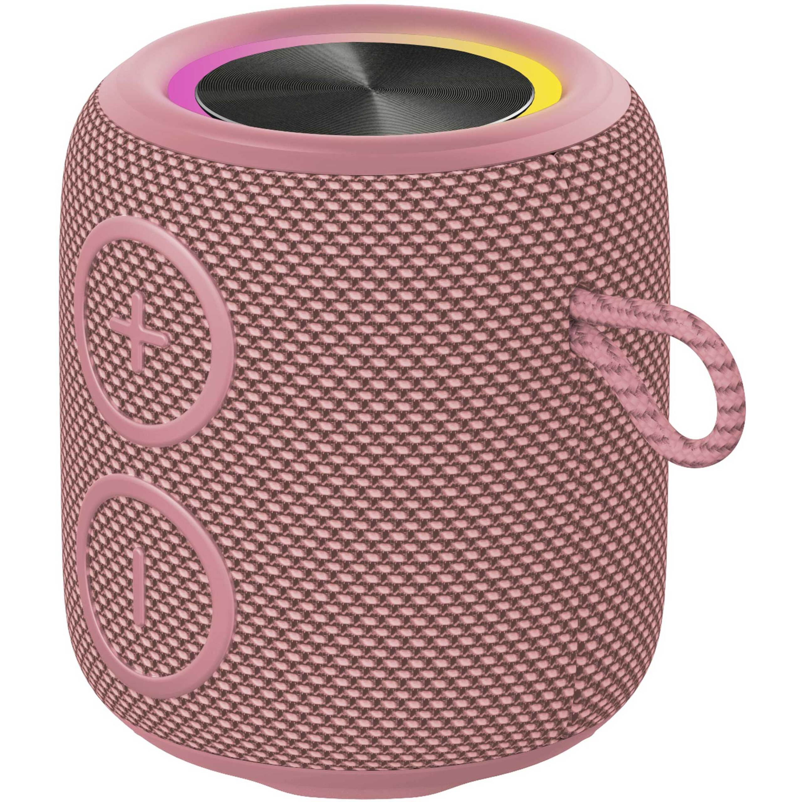 Różowy głośnik bezprzewodowy w materiałowej oprawie, z przyciskami głośności i pętelką.