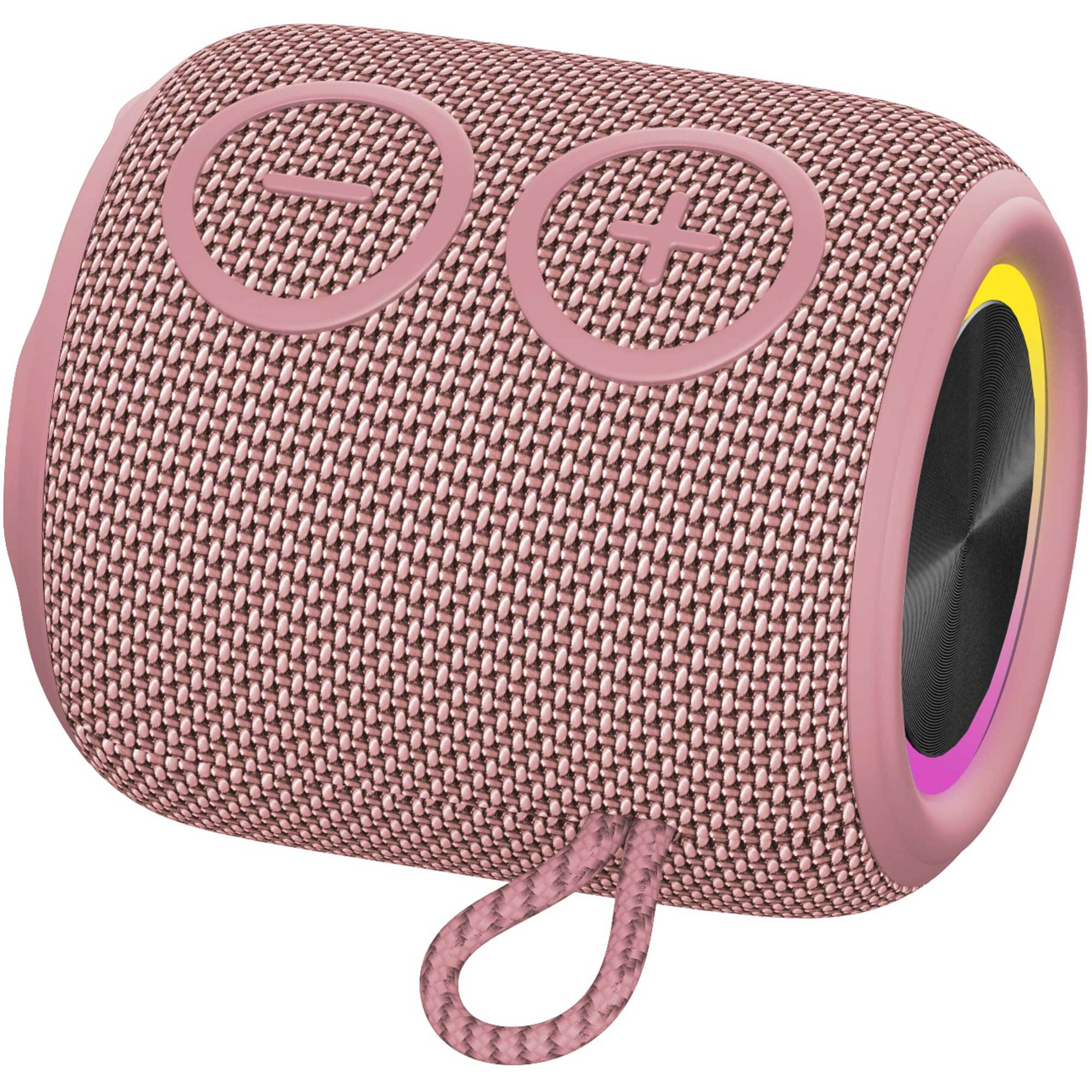 Cylindryczny, różowy głośnik Bluetooth w obudowie z tkaniny z dużymi przyciskami plus i minus oraz uchwytem.