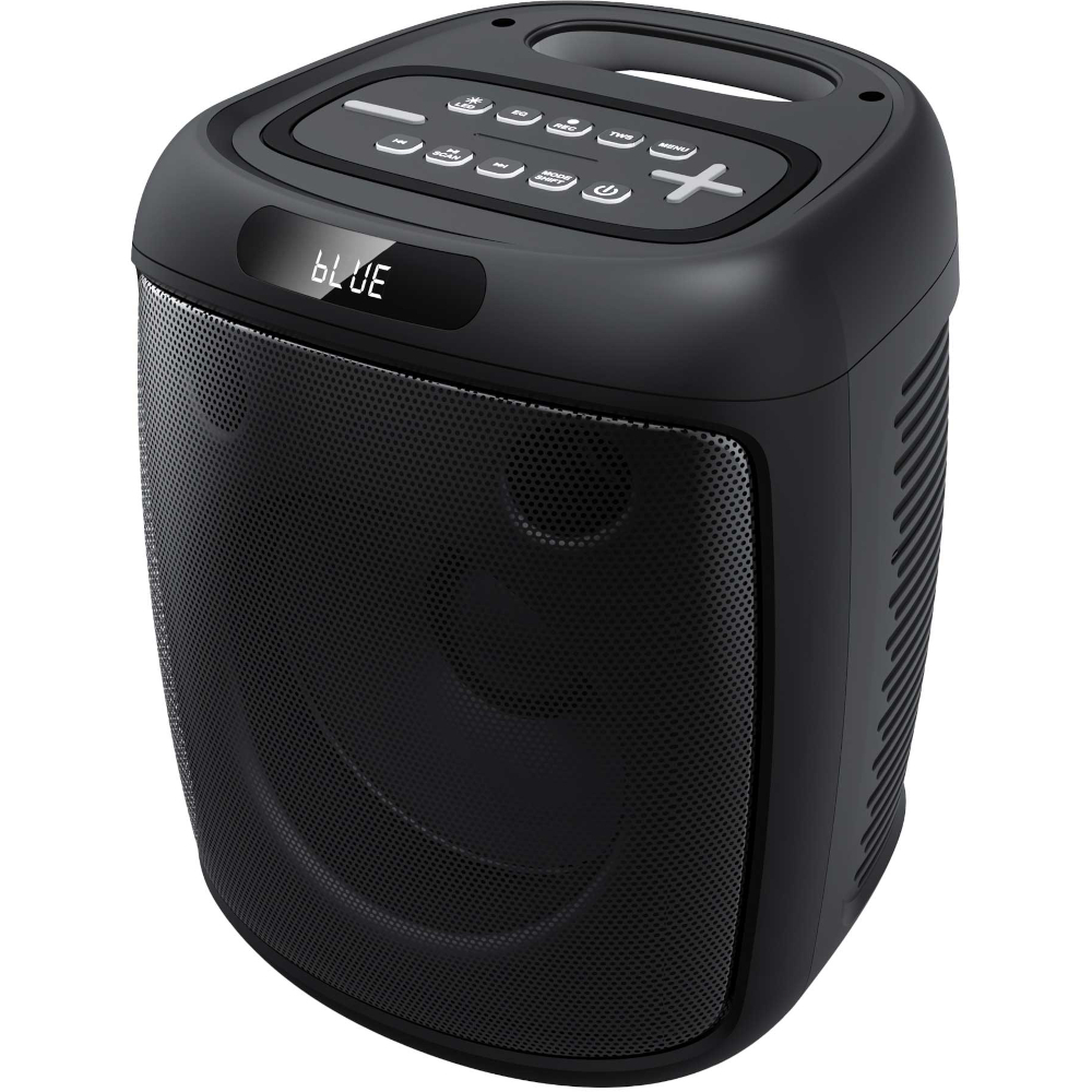 Przenośny czarny głośnik Bluetooth z wyświetlaczem pokazującym blue i przyciskami sterującymi u góry.