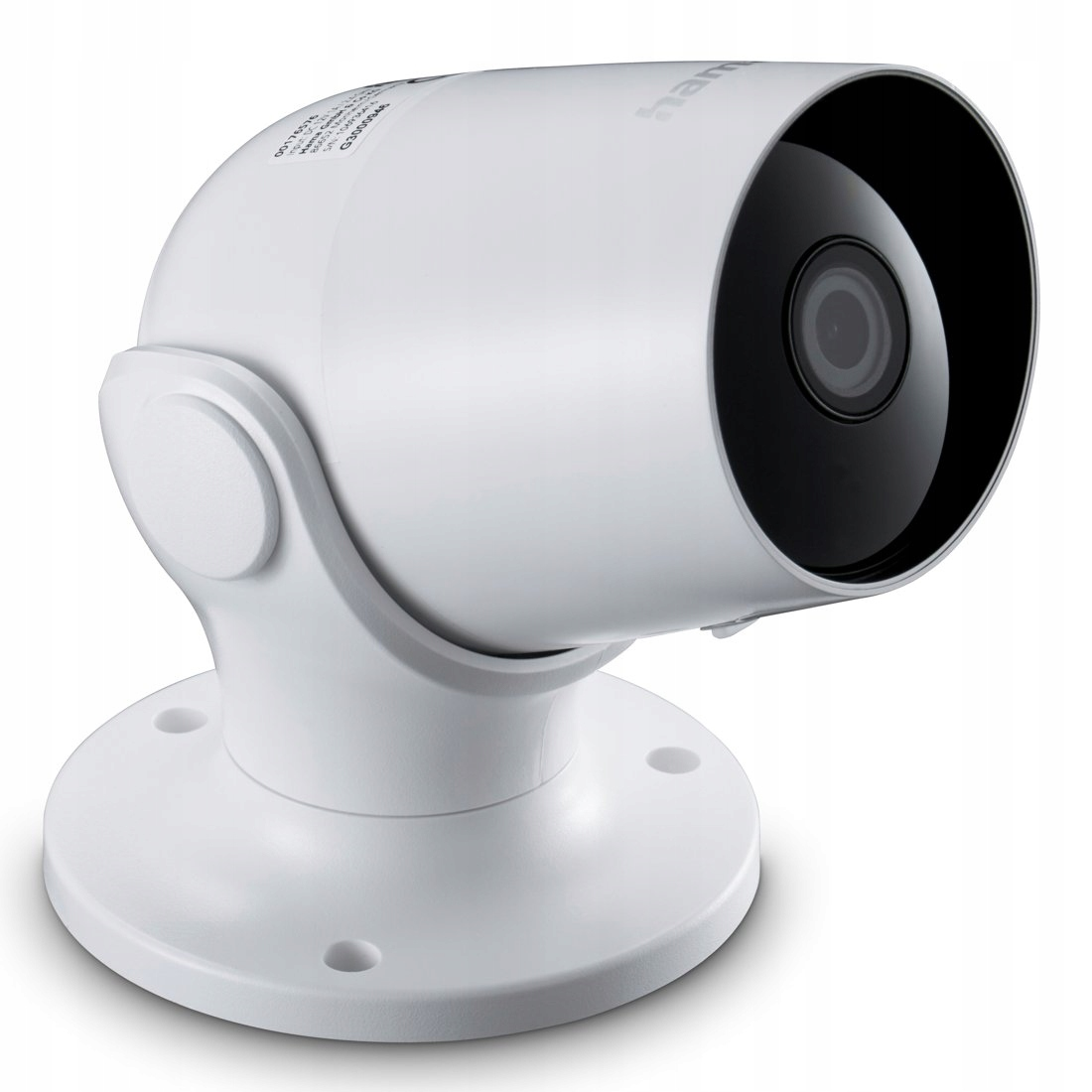 Una telecamera di sicurezza IP bianca su base di montaggio tonda con sfondo bianco.