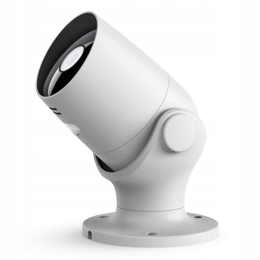 Una telecamera di sicurezza bianca con base rotonda e obiettivo regolabile su sfondo bianco.