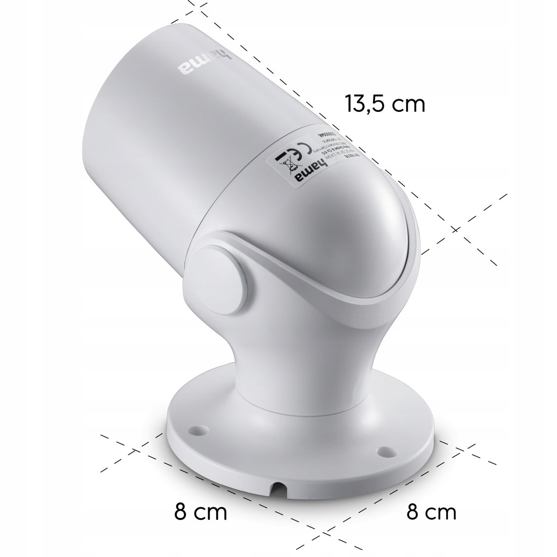 Telecamera di sicurezza bianca su base con dimensioni di 13,5 cm di lunghezza e 8 cm di larghezza.