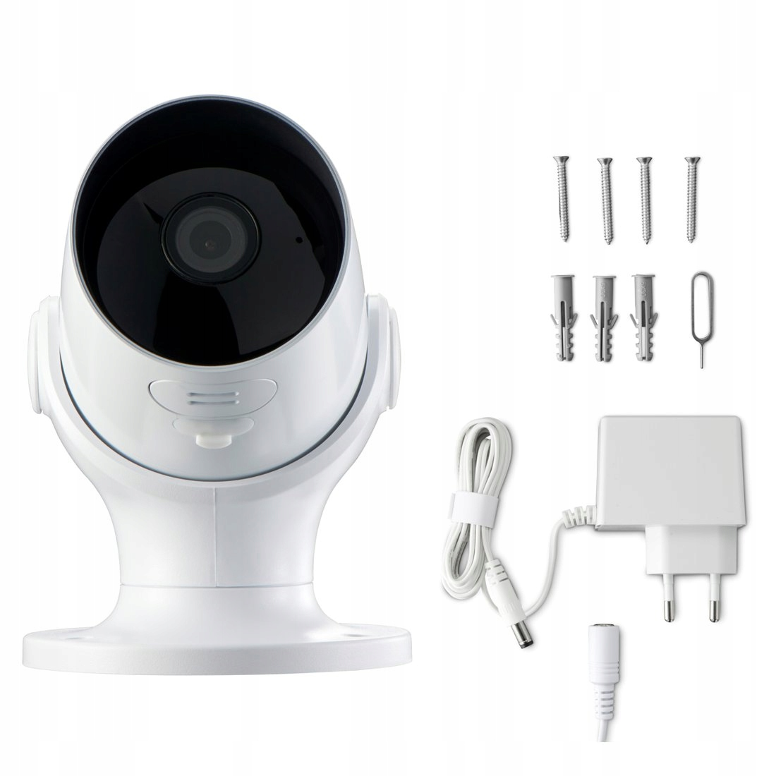 Telecamera di sicurezza bianca con alimentatore, viti, tasselli e uno strumento.