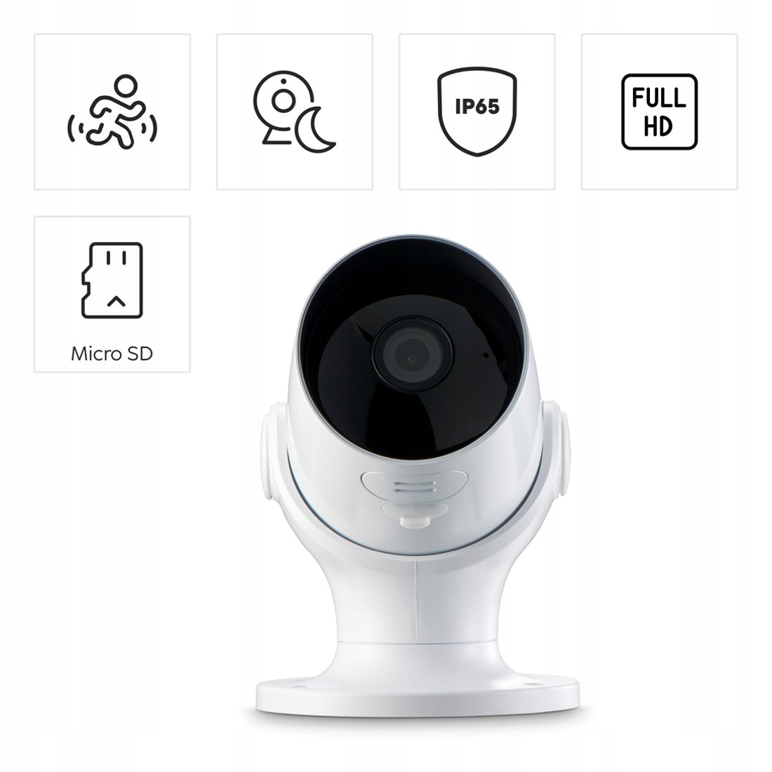 Telecamera di sicurezza bianca con icone per rilevamento movimento, visione notturna, IP65, Full HD e micro SD.