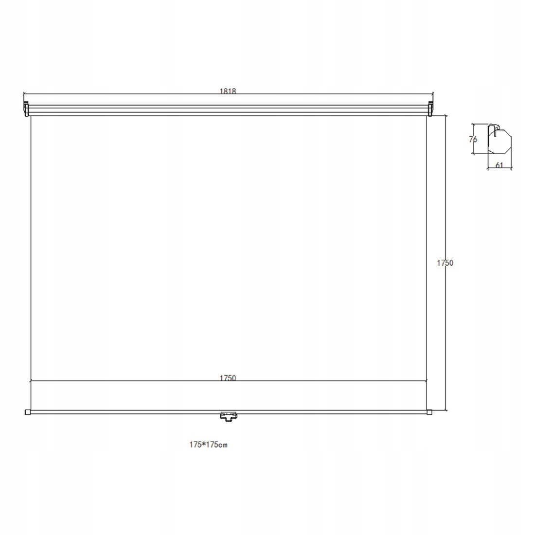 Rysunek techniczny ekranu projekcyjnego o wymiarach 1818x1750 mm i profilu bocznym.
