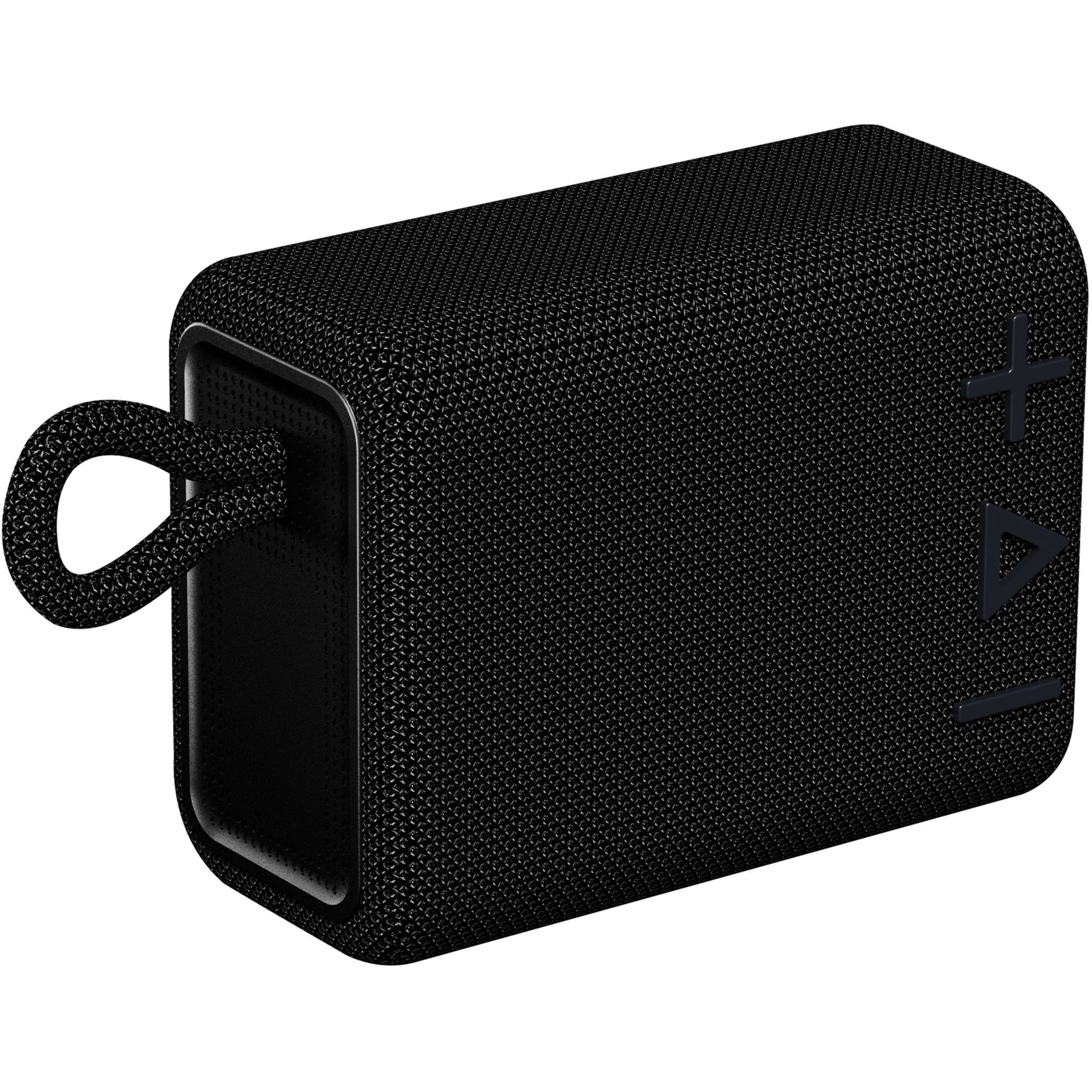 Kompaktowy, czarny głośnik Bluetooth z wbudowaną pętelką z tkaniny na białym tle.