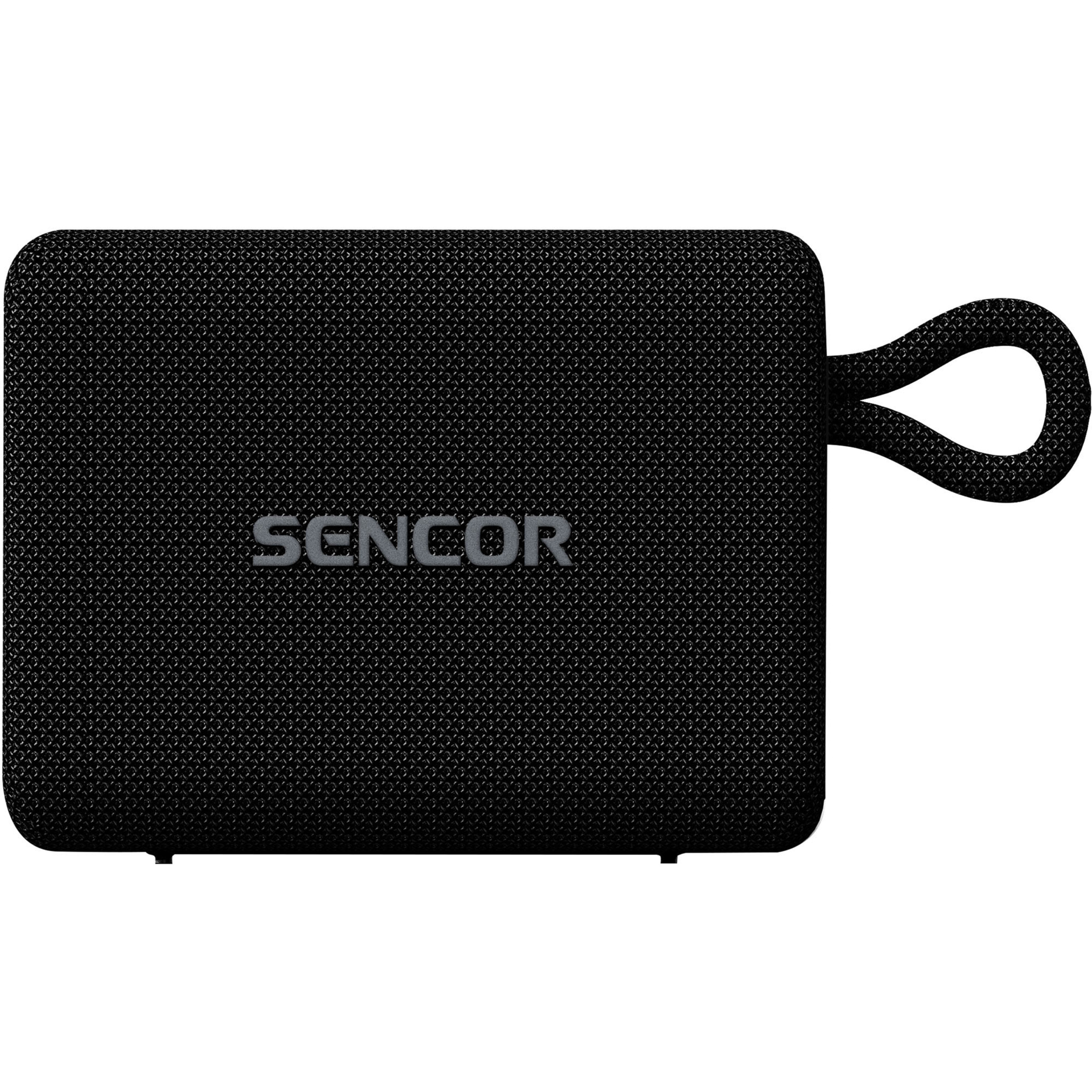 Czarny głośnik Bluetooth Sencor w tekstylnej obudowie z wygodną pętelką transportową z boku.