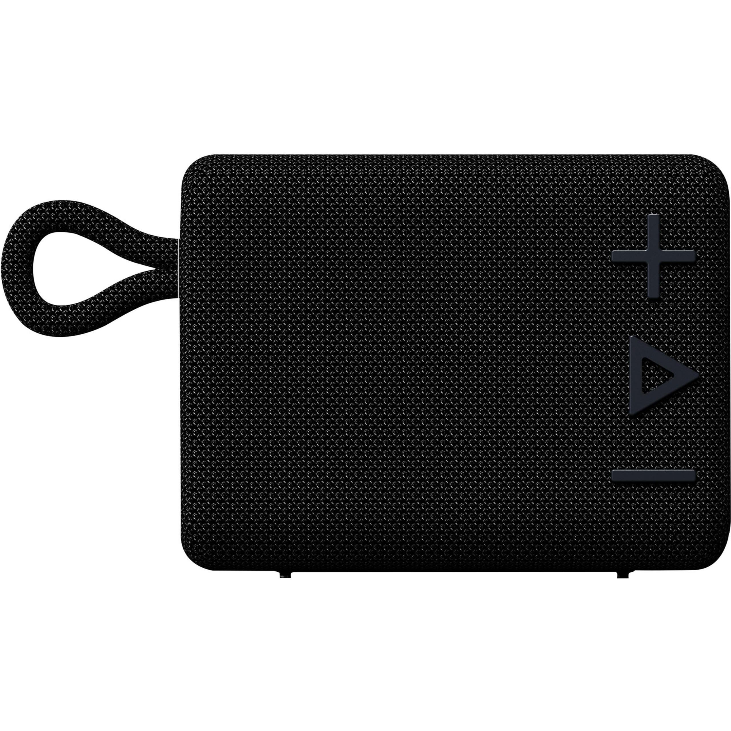 Kompaktowy, czarny głośnik Bluetooth w obudowie z tkaniny z uchwytem i przyciskami sterującymi z przodu.