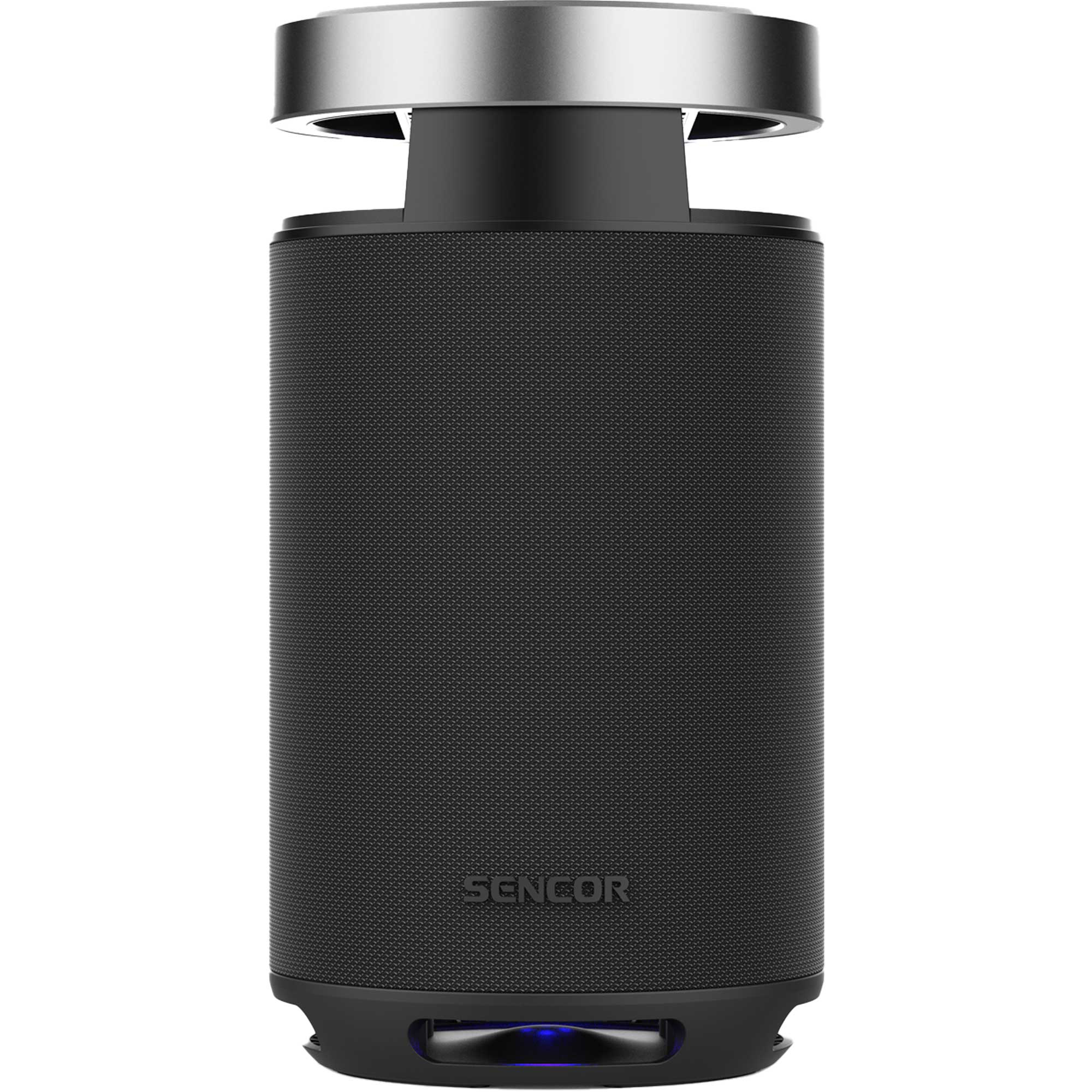 Czarny cylindryczny głośnik Bluetooth ze srebrną górną krawędzią i niebieskim podświetleniem.