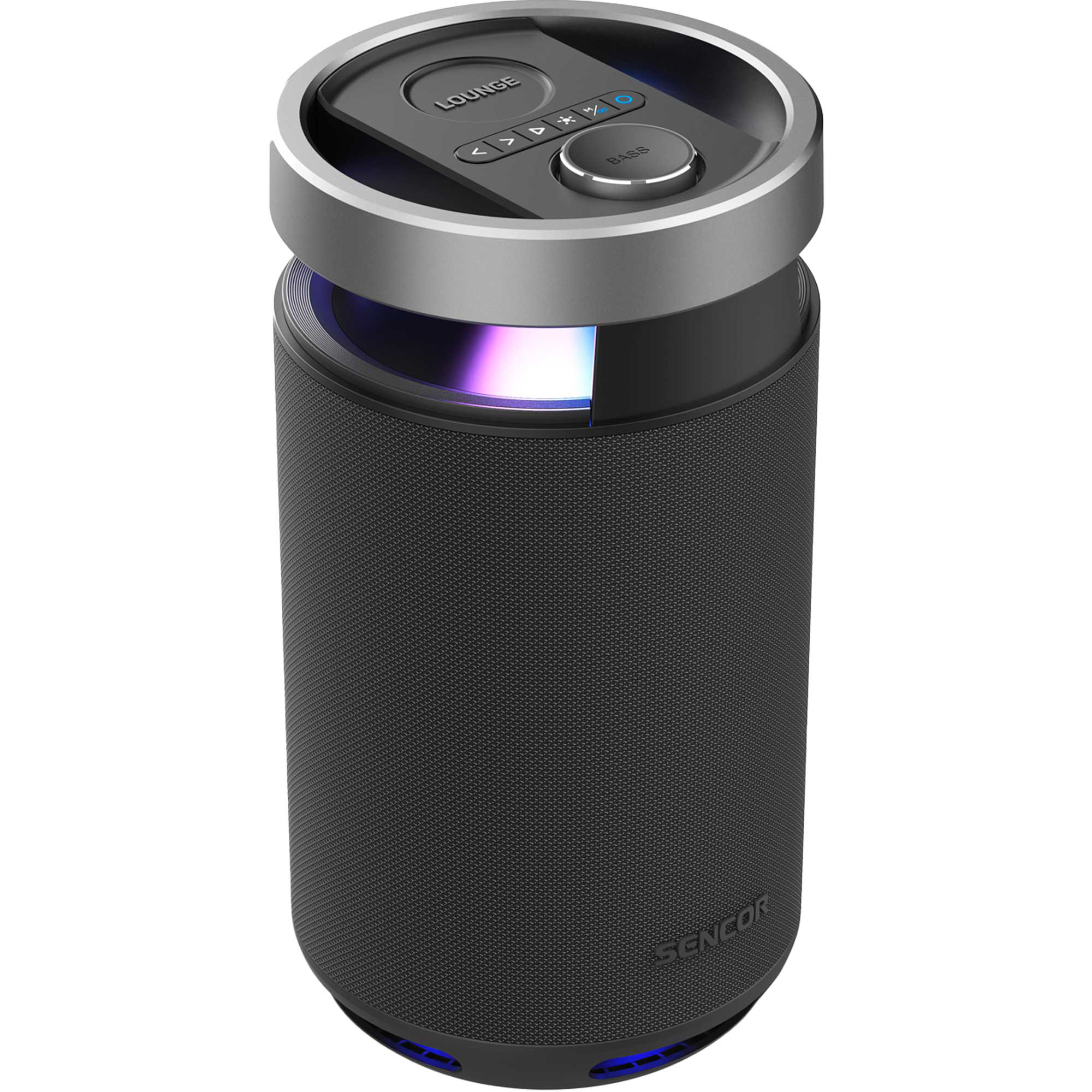 Cylindryczny czarny głośnik Bluetooth ze srebrnym panelem górnym i przyciskami.
