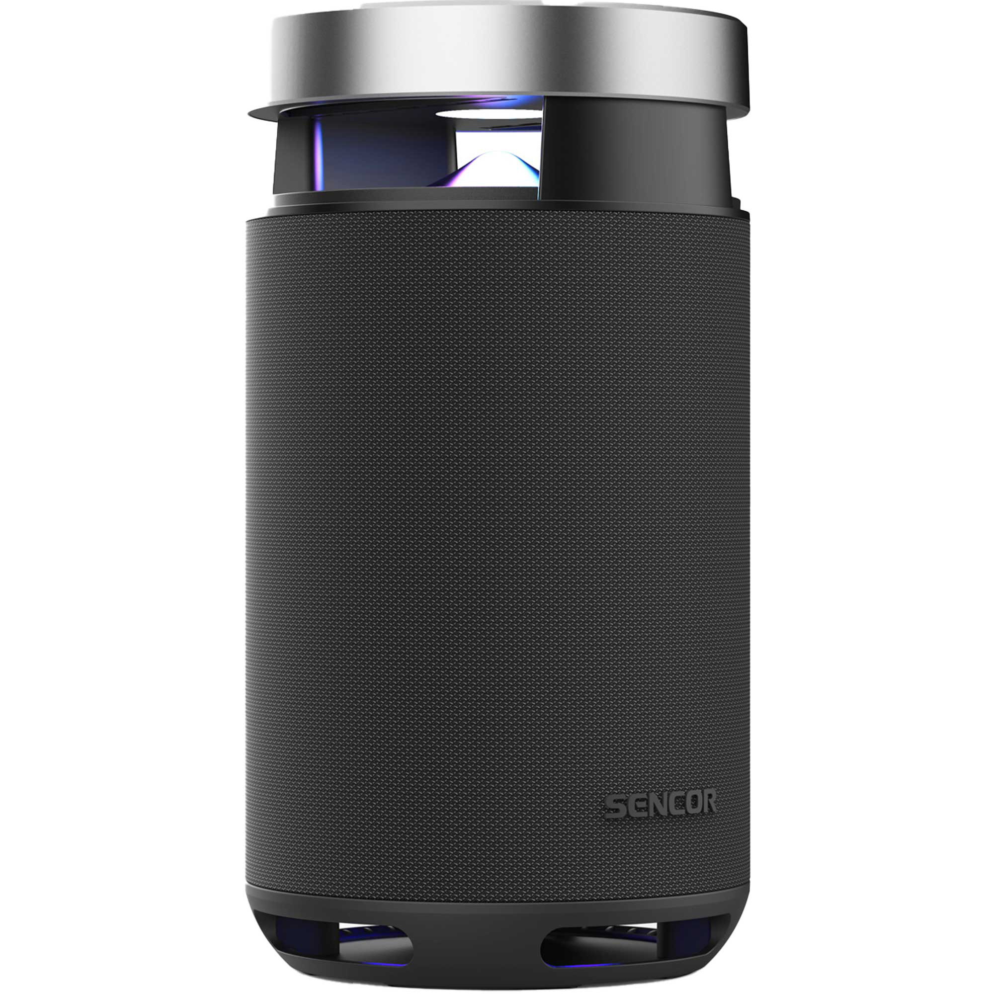Cylindryczny czarny głośnik Bluetooth Sencor ze srebrną górą i niebieskim oświetleniem.
