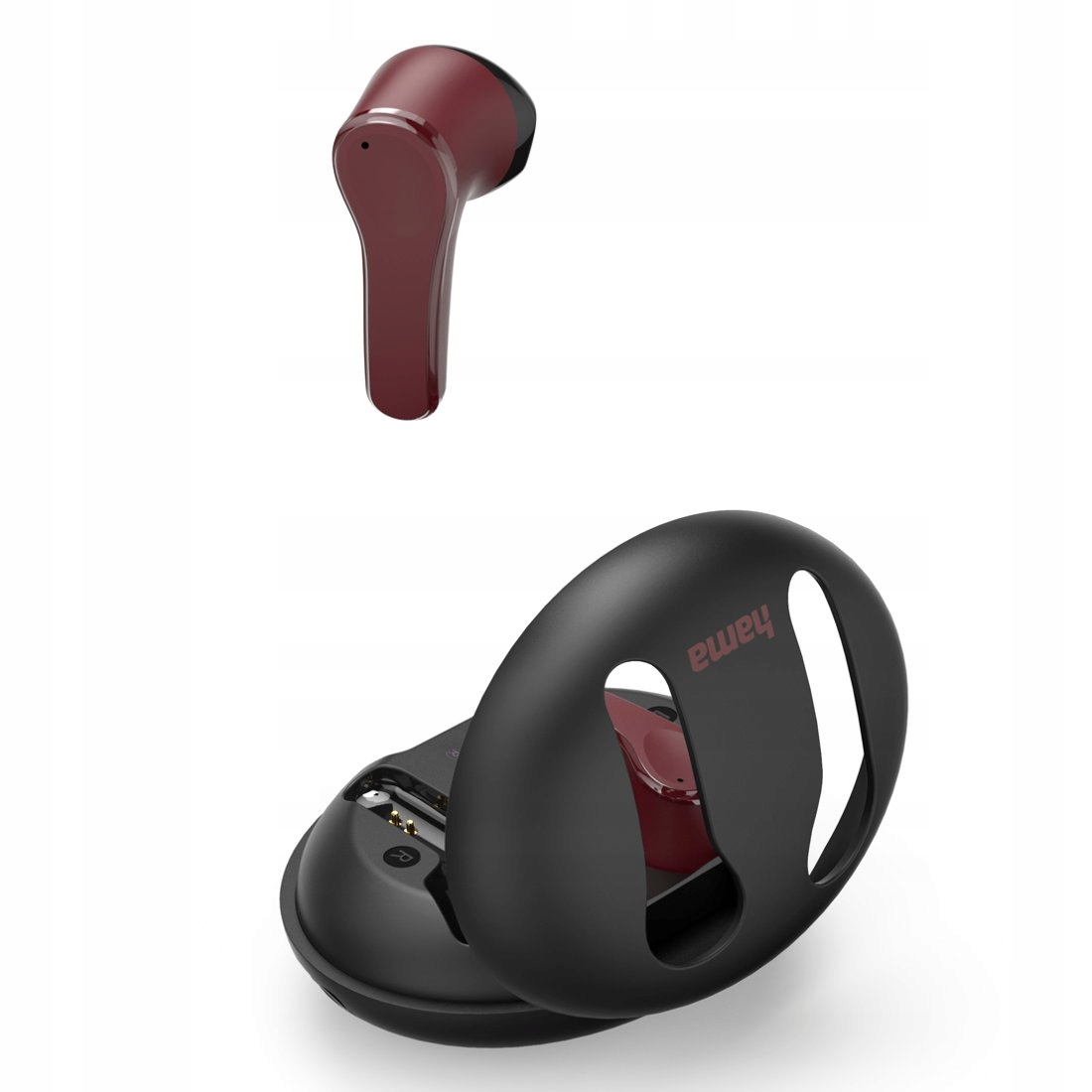 Błyszcząca czerwona słuchawka bezprzewodowa unosząca się nad czarnym etui ładującym.